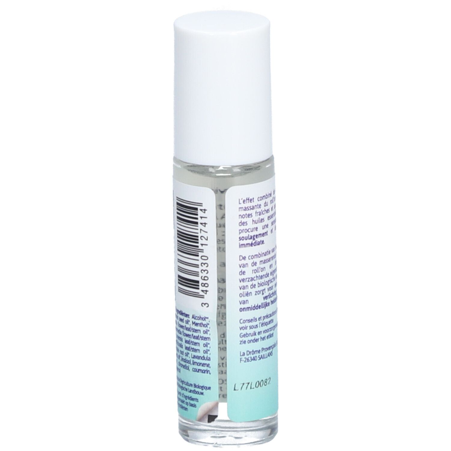Flacon roll-on avec bouchon blanc. Texte au dos. Certification Bio.
