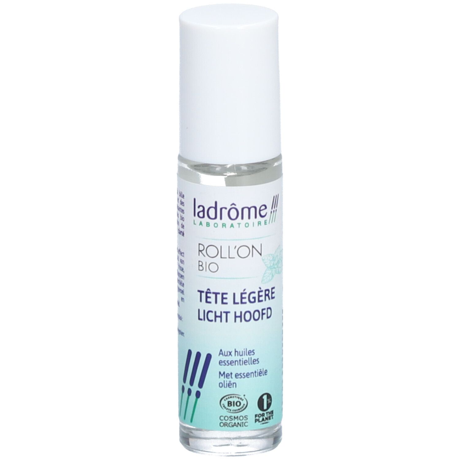 Flacon roll-on avec bouchon blanc. Texte au dos. Certification Bio.