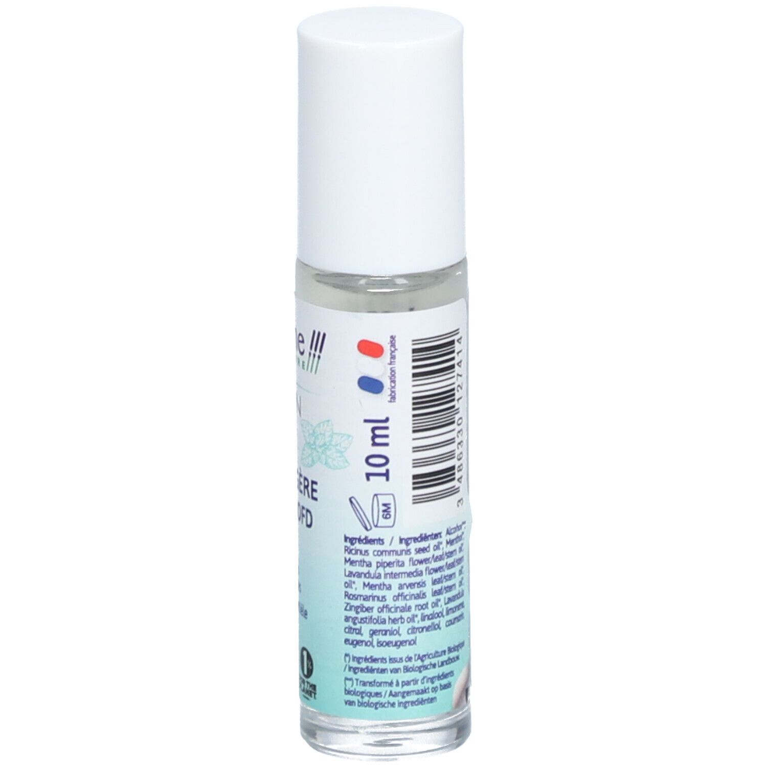 Flacon roll-on avec bouchon blanc. Texte au dos. 10 ml. Liste des ingrédients.