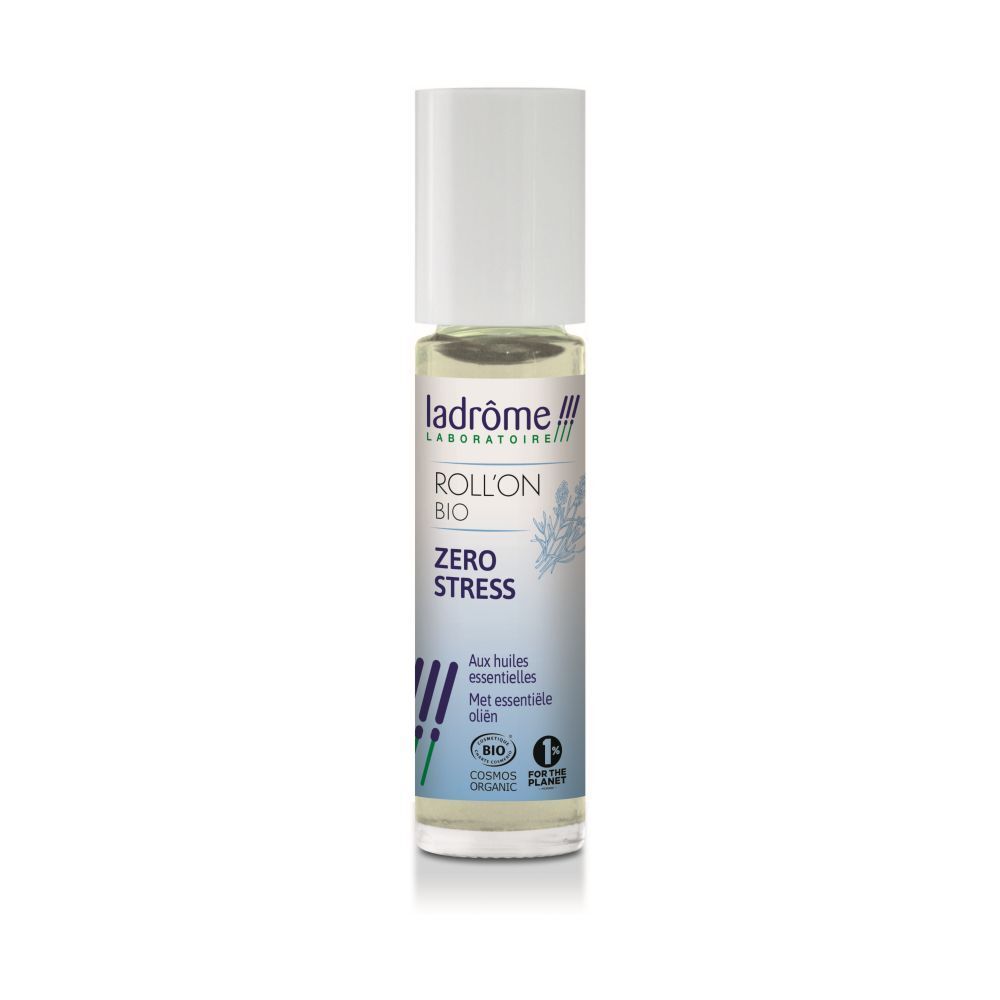 Flacon roll-on avec bouchon blanc. Inscription: Roll'on Bio Zero Stress. Avec huiles essentielles. Certification Cosmos Organic.