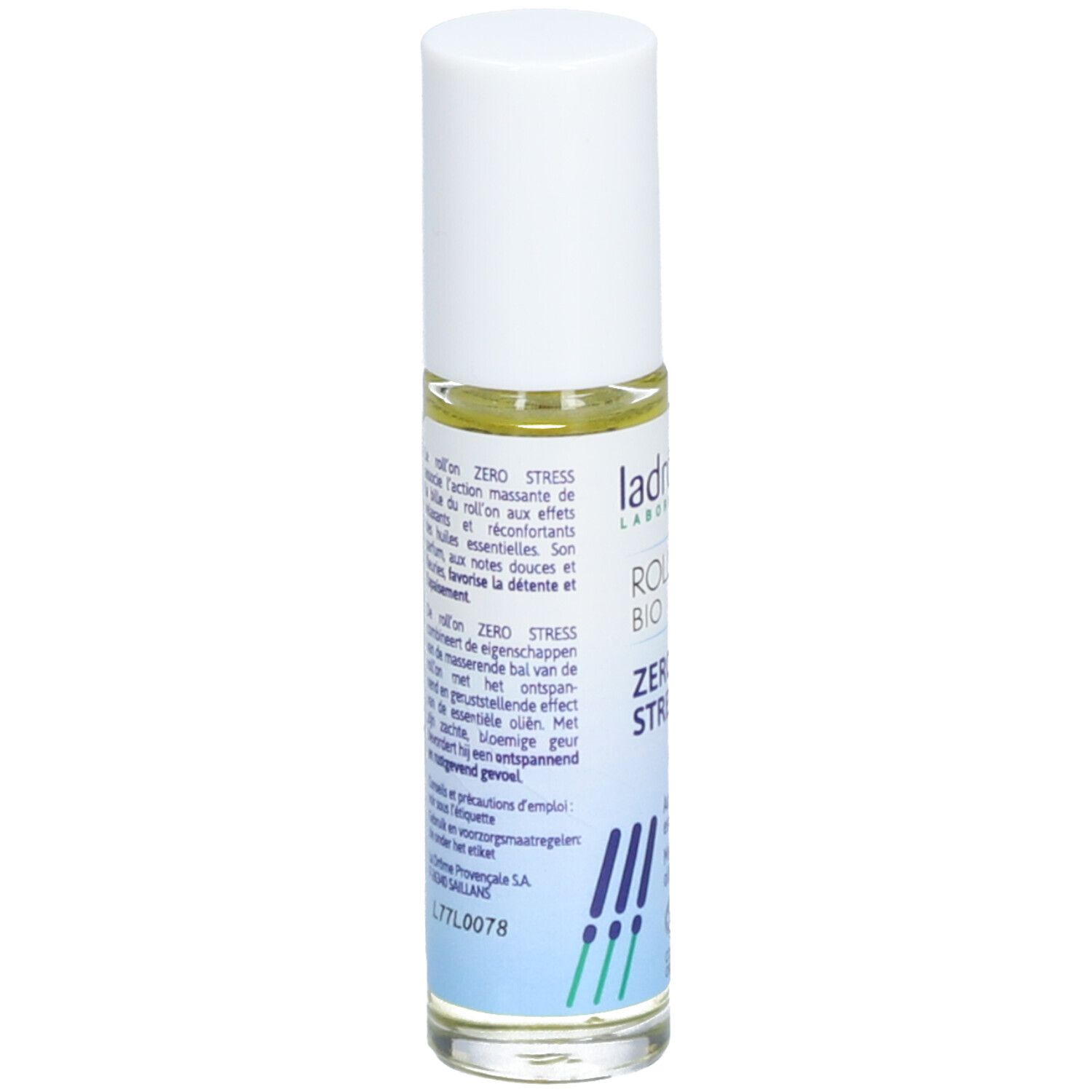 Flacon roll-on avec bouchon blanc. Texte au dos. Contient des huiles essentielles. Conseils d'utilisation et précautions.