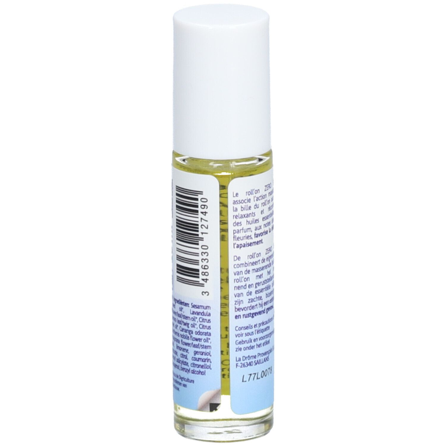 Flacon roll-on avec bouchon blanc. Texte au dos. Ingrédients: lavande, citron, camomille. Adresse du fabricant.