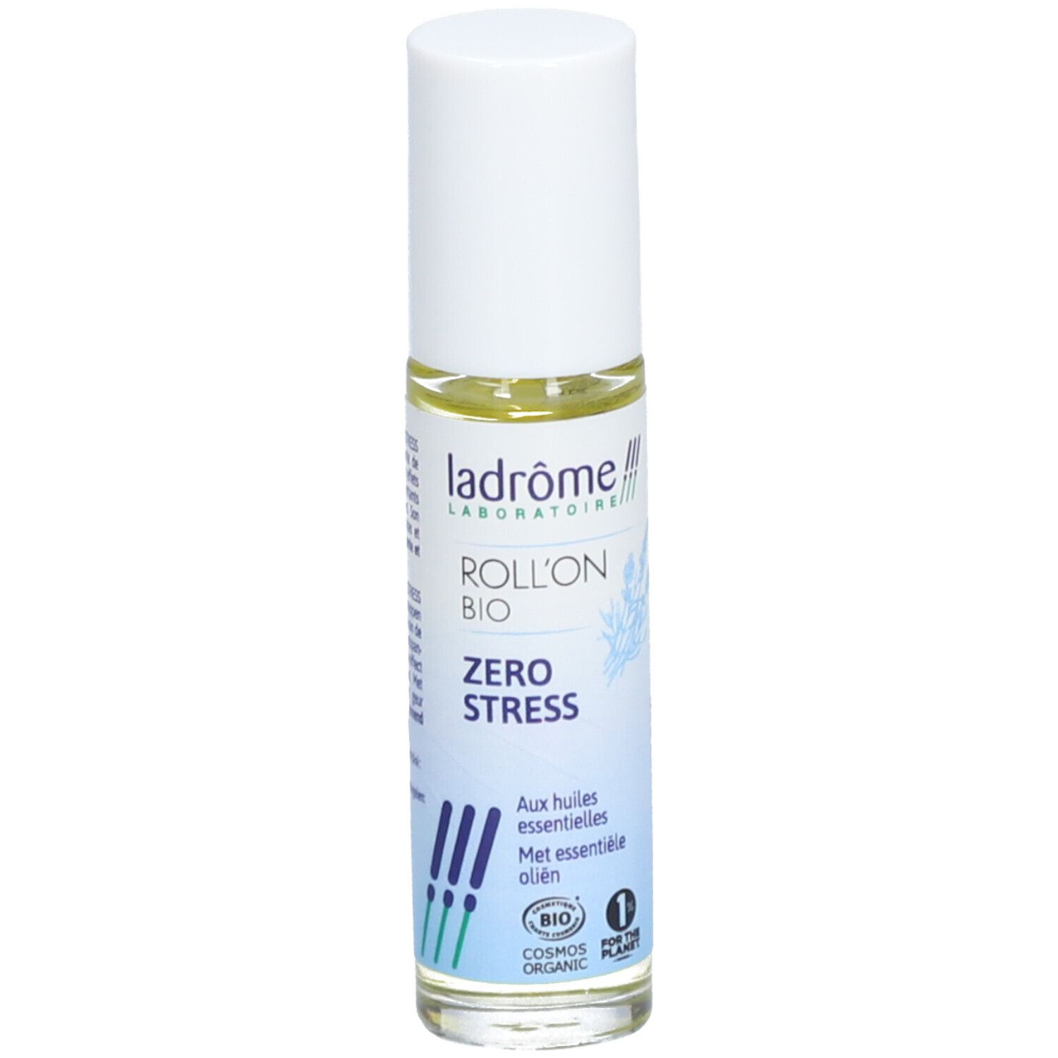 Flacon roll-on avec bouchon blanc. Inscription: Roll'on Bio Zero Stress. Avec huiles essentielles. Certification Cosmos Organic.
