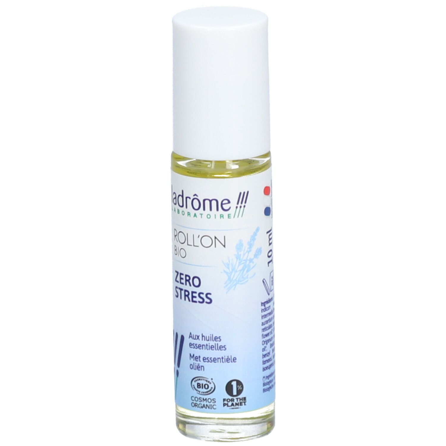 Flacon roll-on avec bouchon blanc. Inscription: Roll'on Bio Zero Stress. Avec huiles essentielles. Volume: 10 ml.