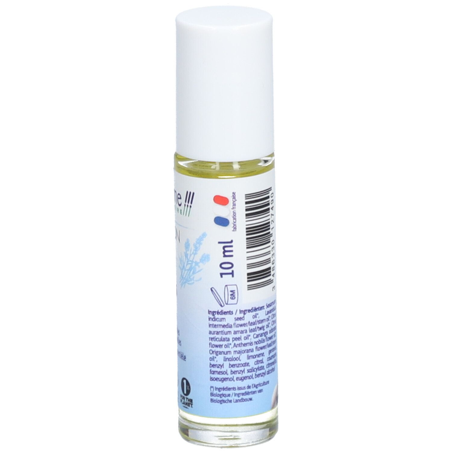 Flacon roll-on avec bouchon blanc. Dos avec ingrédients et informations fabricant. Volume: 10 ml.