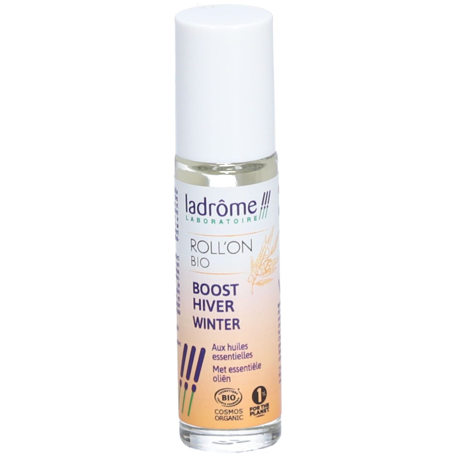 Flacon roll-on avec bouchon blanc. Inscription : Ladrôme, Roll'on Bio, Boost Hiver Winter. Aux huiles essentielles. Certification bio.