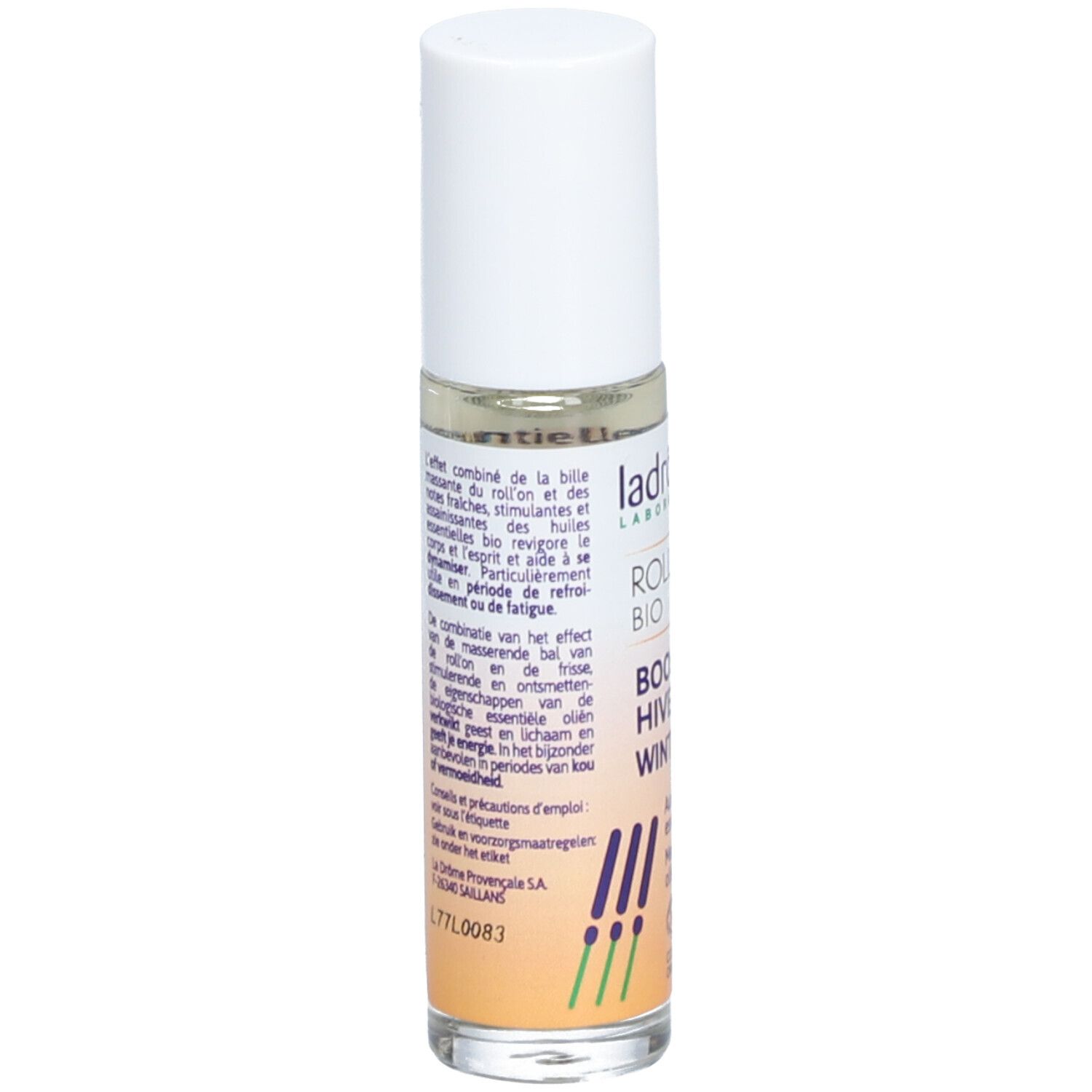 Flacon roll-on avec bouchon blanc. Inscription : Ladrôme, Roll'on Bio, Boost Hiver Winter. Aux huiles essentielles. Certification bio.