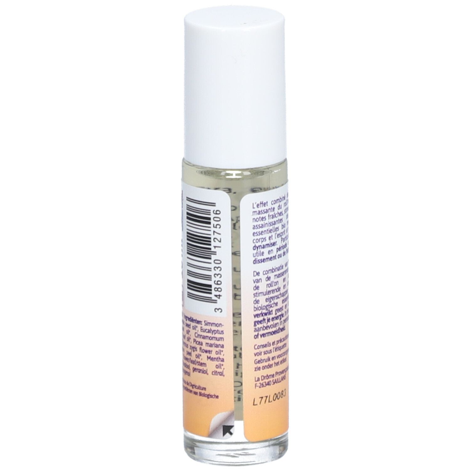 Flacon roll-on avec bouchon blanc. Dos avec texte et code-barres. Inscription : Ladrôme, Roll'on Bio, Boost Hiver Winter. Certification bio.
