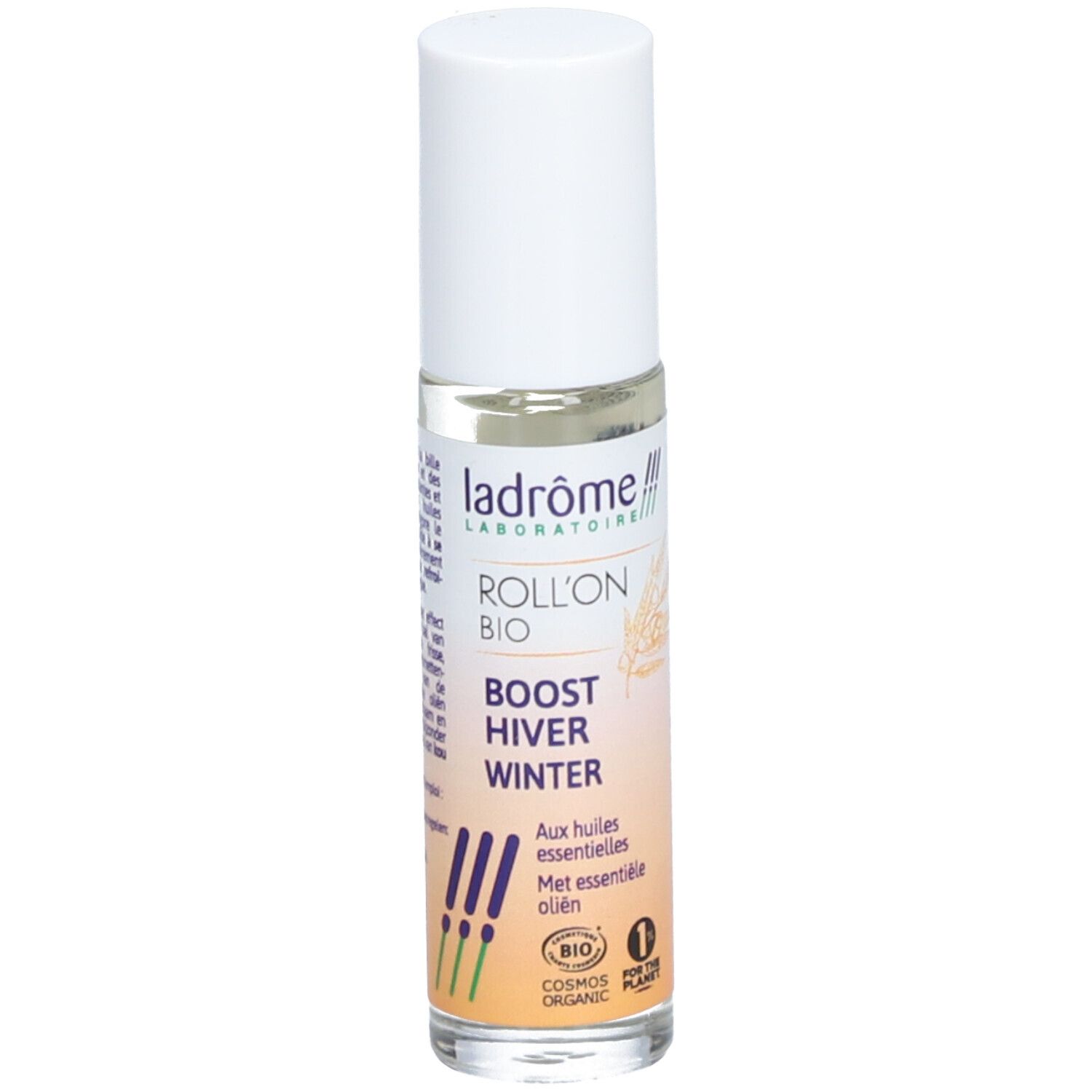 Flacon roll-on avec bouchon blanc. Dos avec texte et code-barres. Inscription : Ladrôme, Roll'on Bio, Boost Hiver Winter. Certification bio.