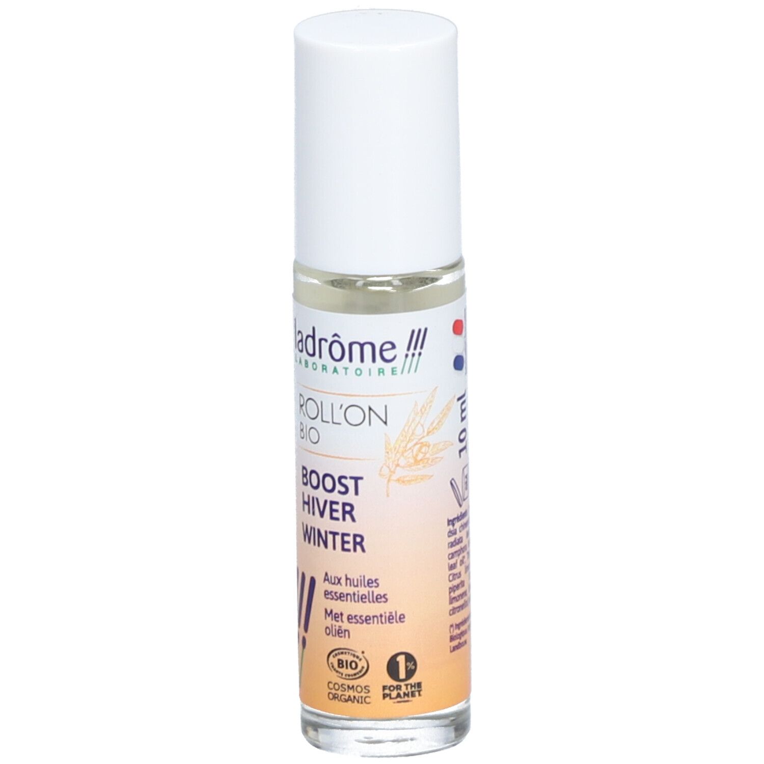Flacon roll-on avec bouchon blanc. Inscription : Ladrôme, Roll'on Bio, Boost Hiver Winter. Aux huiles essentielles. Certification bio. 10 ml.