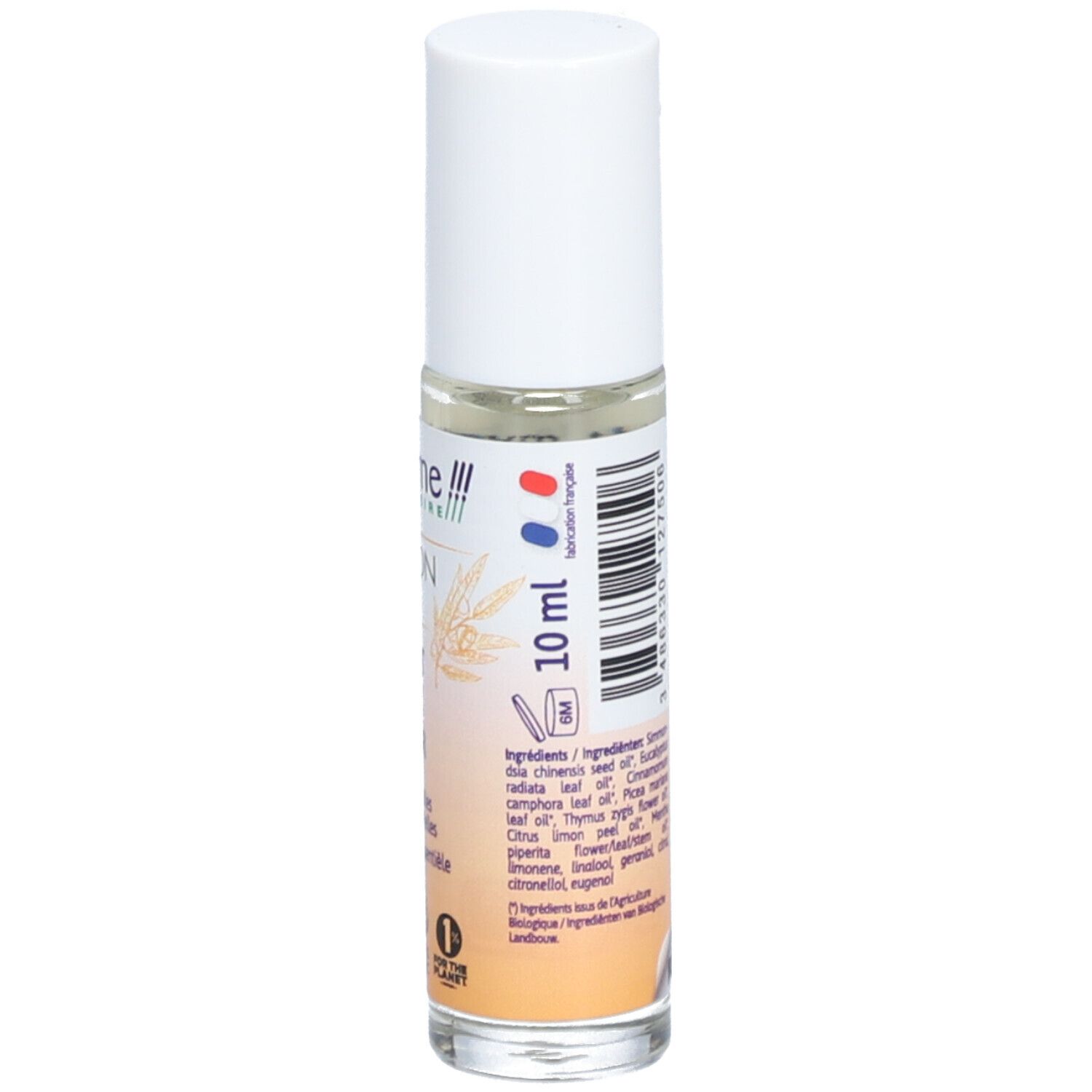 Flacon roll-on avec bouchon blanc. Inscription : Ladrôme, Roll'on Bio, Boost Hiver Winter. Aux huiles essentielles. Certification bio. 10 ml.