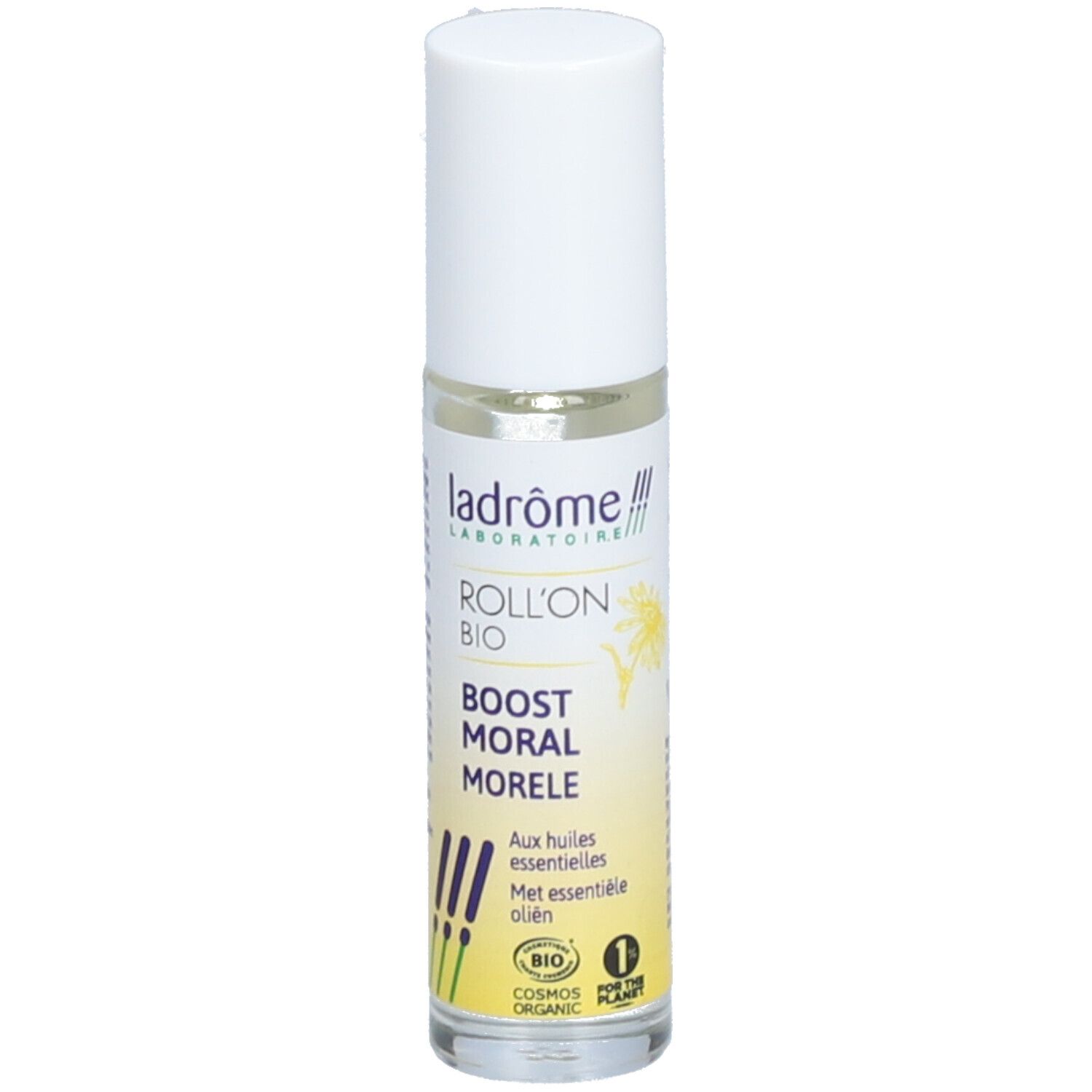 Flacon roll-on avec bouchon blanc. Inscription: Ladrôme, Roll'on Bio, Boost Moral Morele. Avec huiles essentielles.