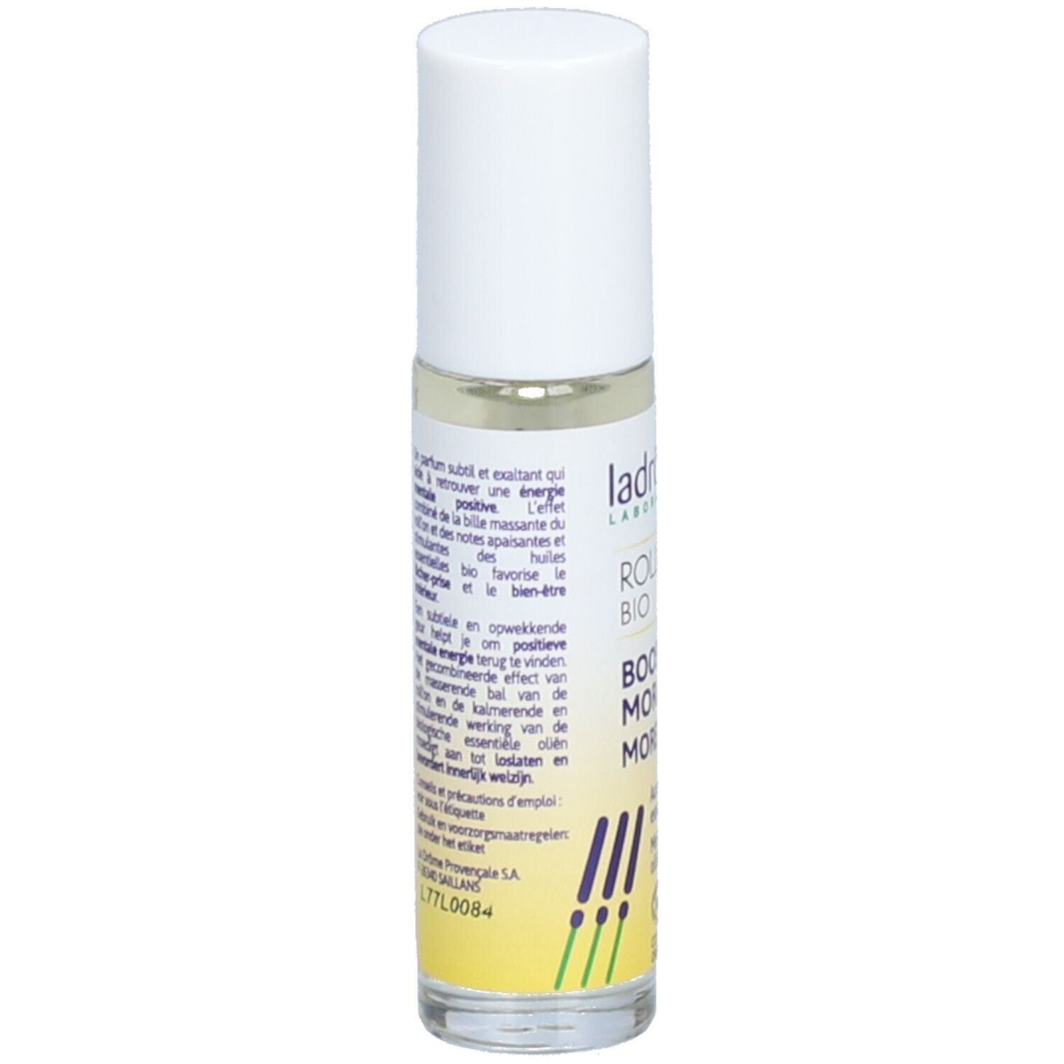 Flacon roll-on avec bouchon blanc. Verso avec texte. Inscription: Ladrôme, Roll'on Bio, Boost Moral Morele. Avec huiles essentielles.