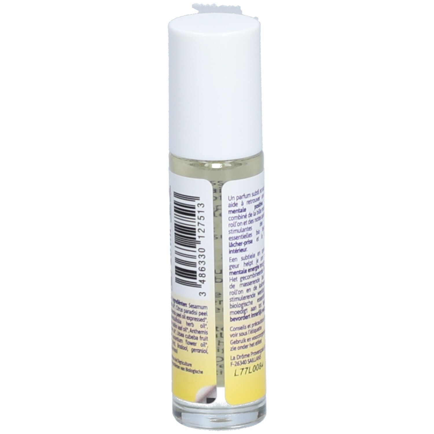 Flacon roll-on avec bouchon blanc. Verso avec texte. Inscription: Ladrôme, Roll'on Bio, Boost Moral Morele. Avec huiles essentielles.