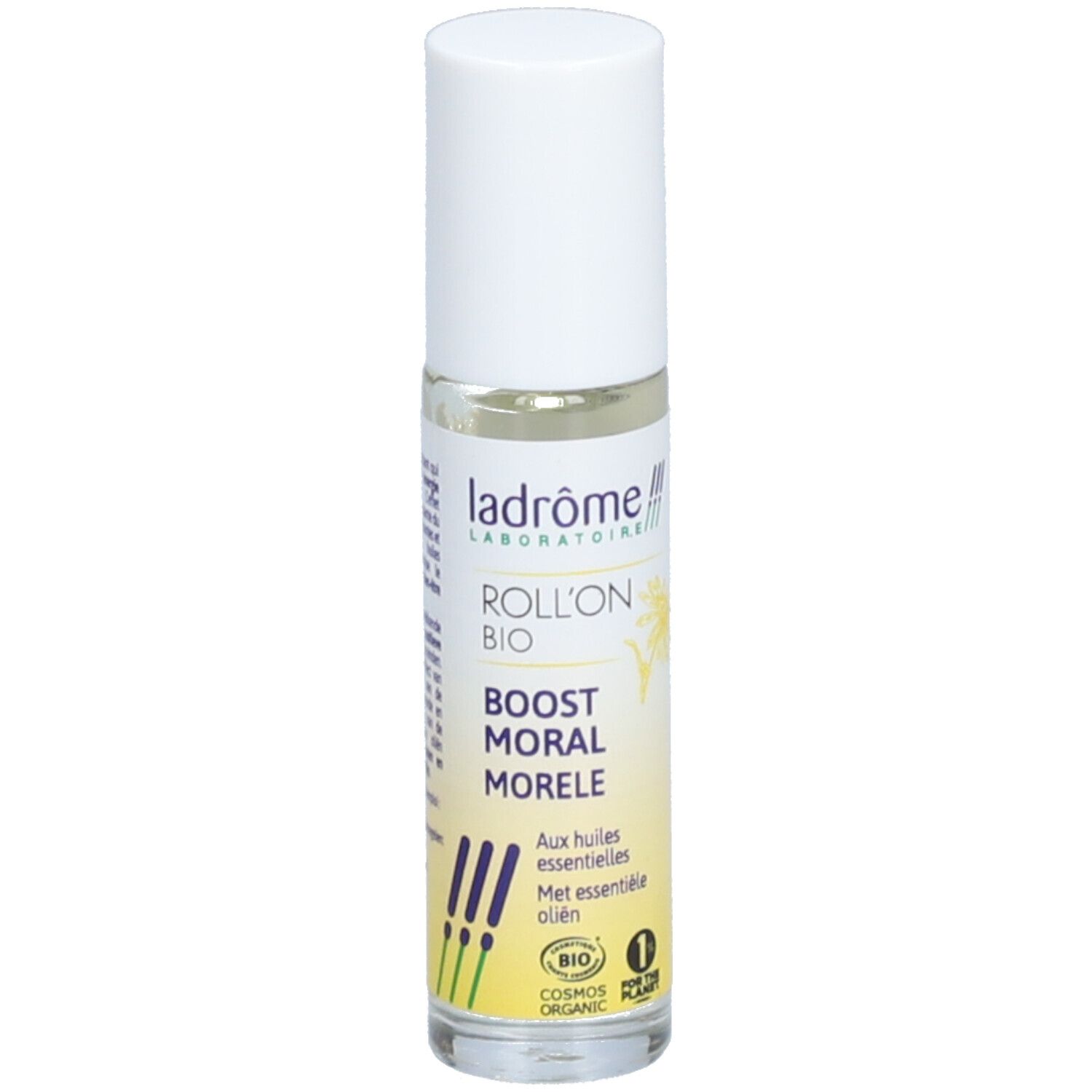 Flacon roll-on avec bouchon blanc. Inscription: Ladrôme, Roll'on Bio, Boost Moral Morele. Avec huiles essentielles.