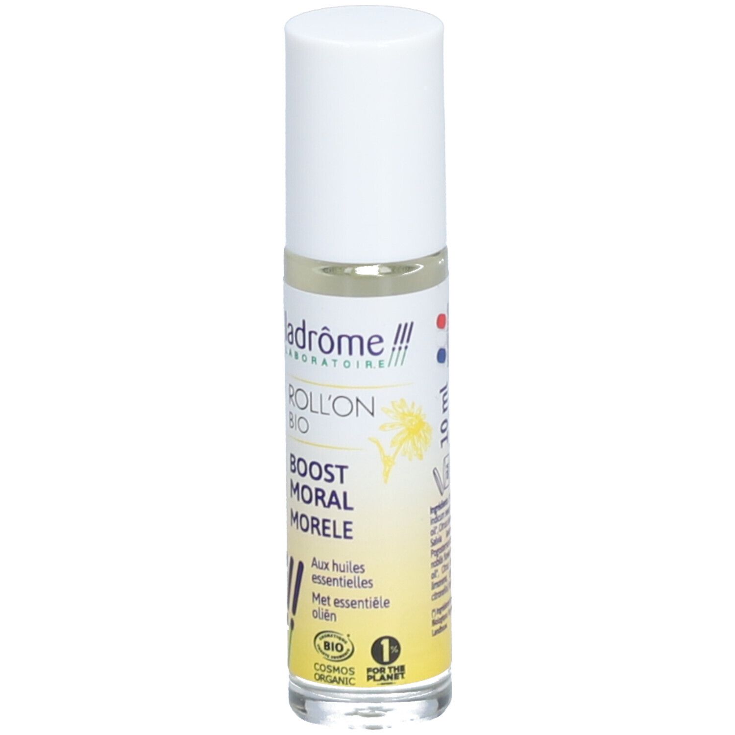 Flacon roll-on avec bouchon blanc. Inscription: Ladrôme, Roll'on Bio, Boost Moral Morele. Avec huiles essentielles.