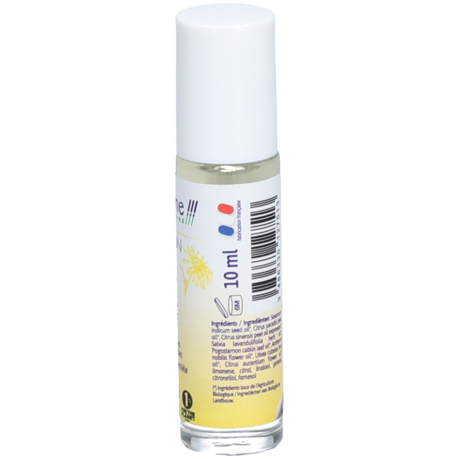 Flacon roll-on avec bouchon blanc. Verso avec texte. Inscription: Ladrôme, Roll'on Bio, Boost Moral Morele. Avec huiles essentielles.