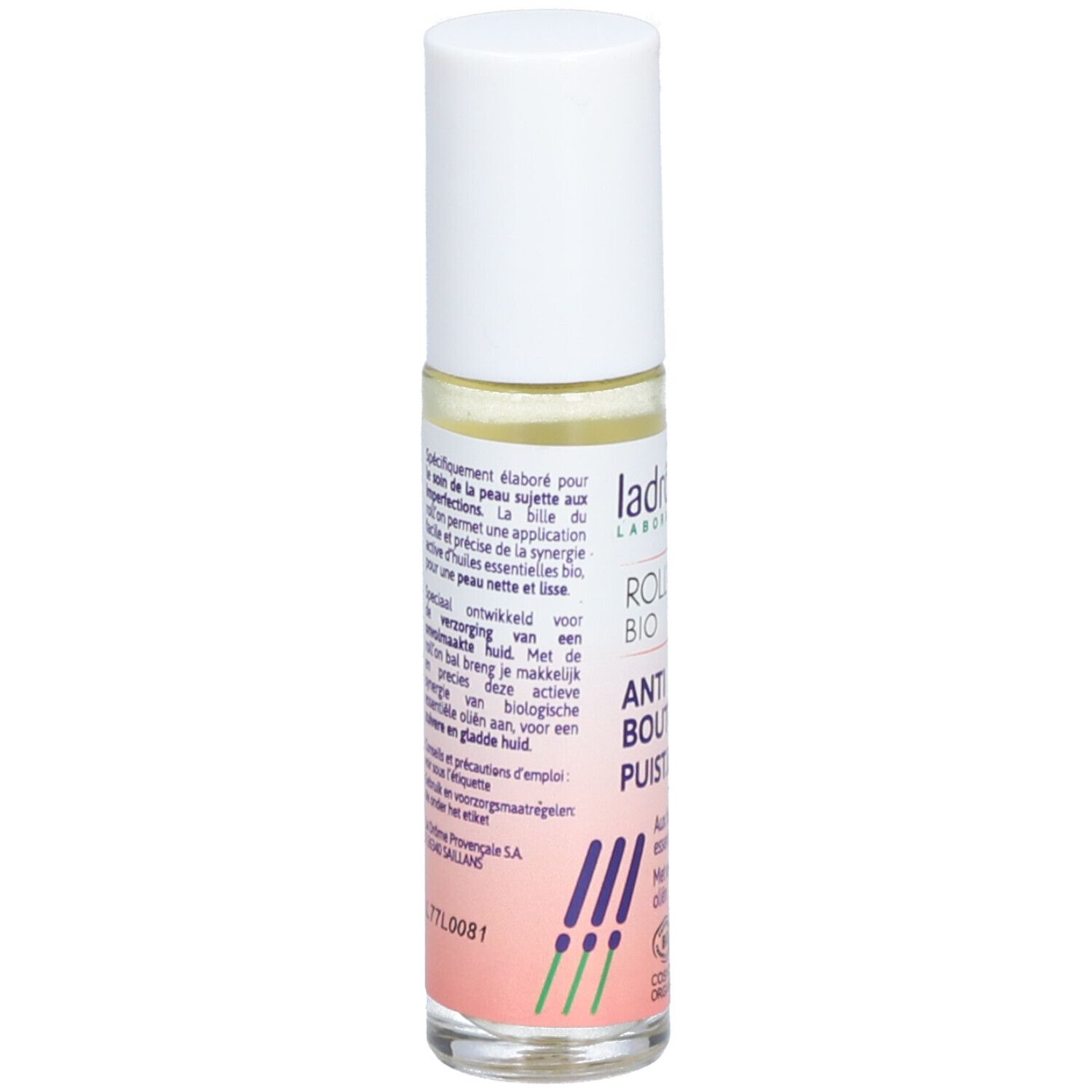 Dos du roll-on. Texte: Spécialement pour le soin des peaux à imperfections. Avec huiles essentielles. Ingrédients et conseils d'utilisation.