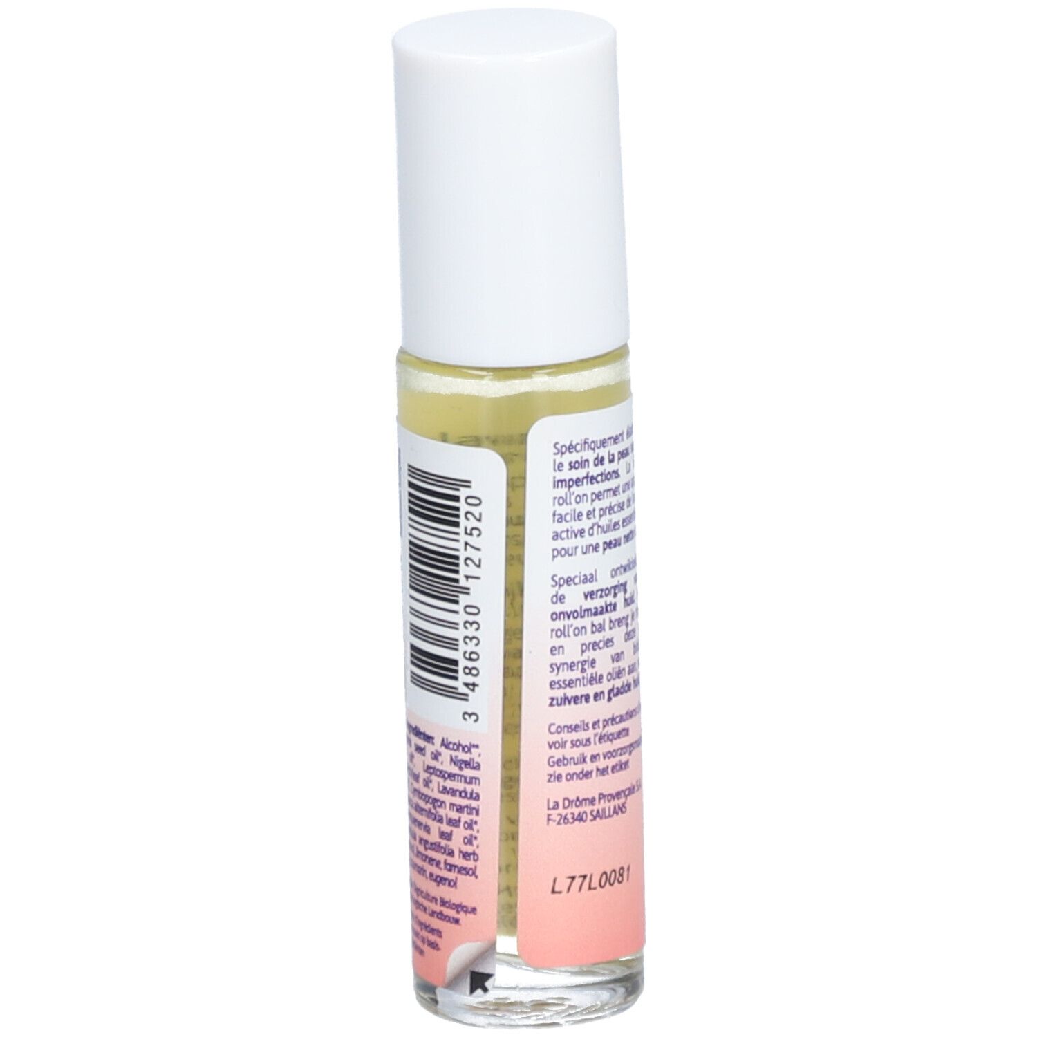 Dos du roll-on. Texte: Spécialement pour le soin des peaux à imperfections. Avec huiles essentielles. Ingrédients et conseils d'utilisation.