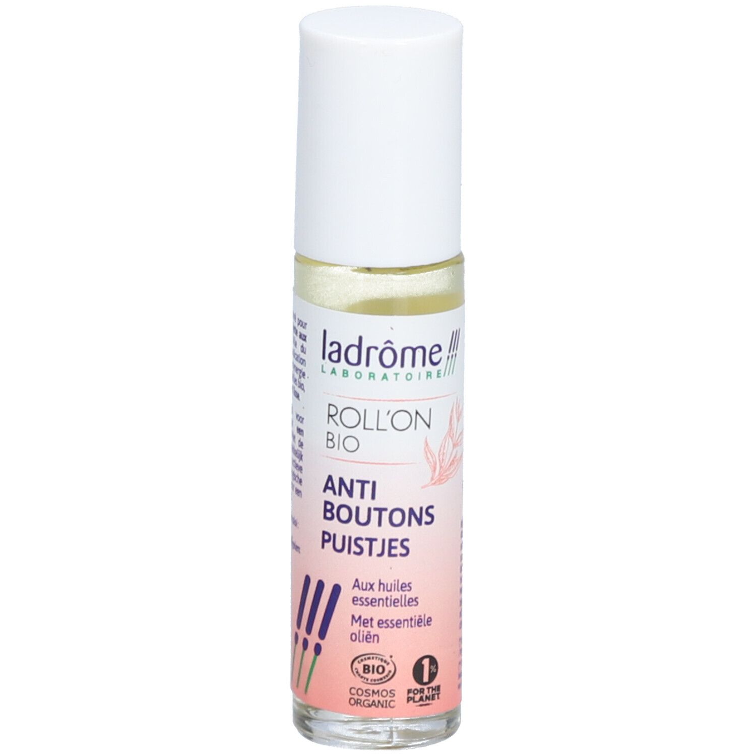 Roll-on incliné avec bouchon blanc. Inscription: Roll'on Anti-Boutons, Bio. Aux huiles essentielles. Certification COSMOS ORGANIC.