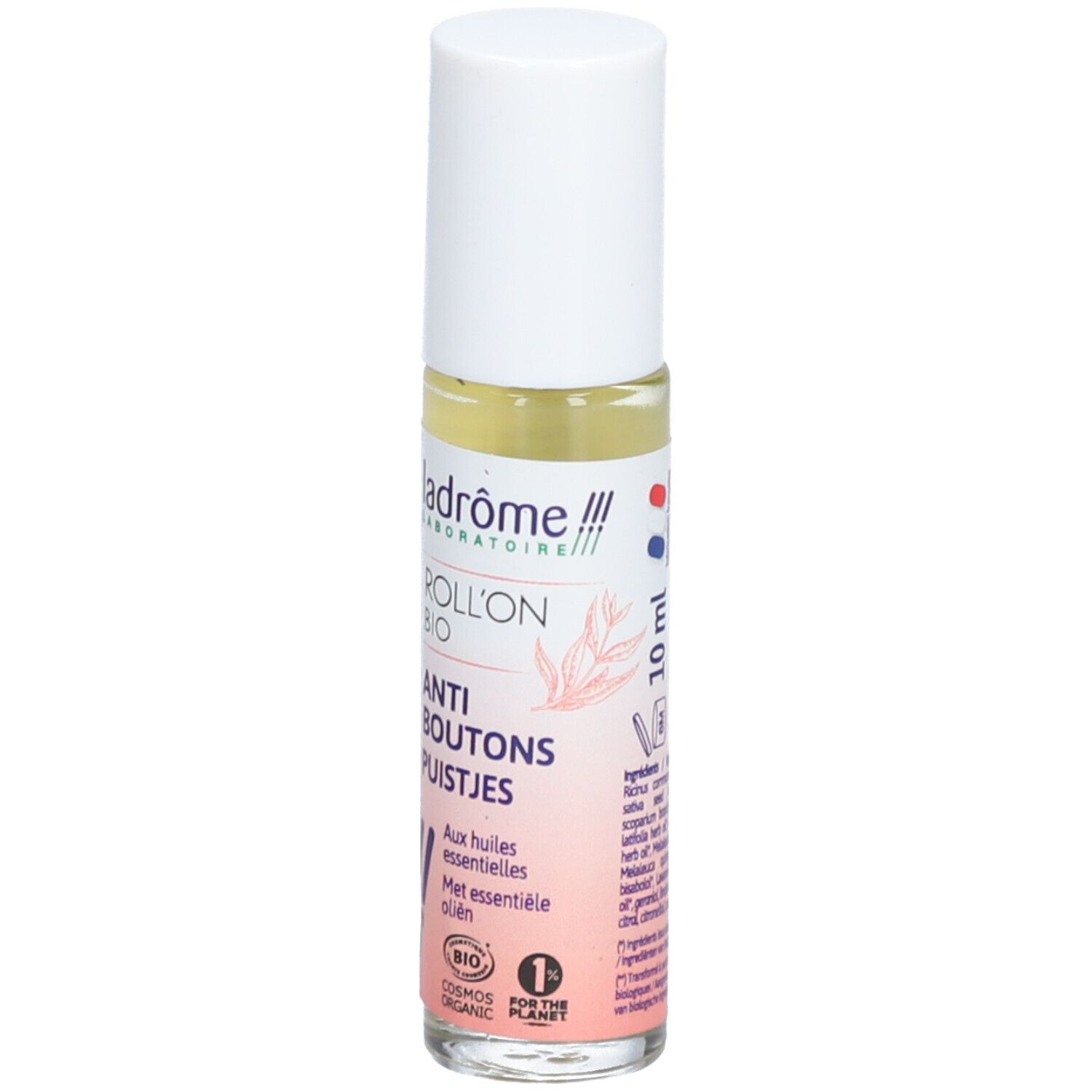 Roll-on avec bouchon blanc. Inscription: Roll'on Anti-Boutons, Bio. Aux huiles essentielles. 10 ml. Certification COSMOS ORGANIC.