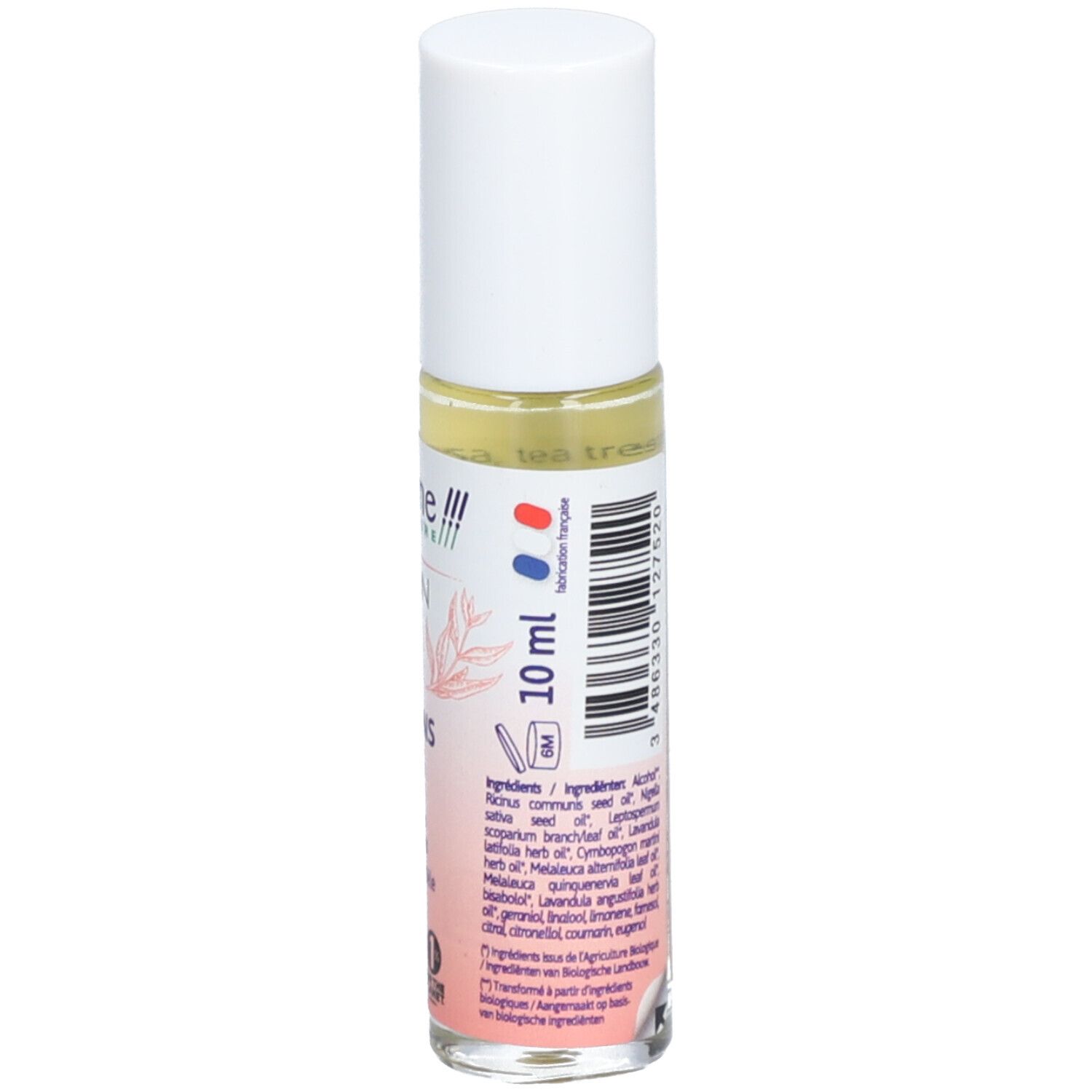 Dos du roll-on. Texte: Ingrédients, 10 ml. Avec drapeaux français et néerlandais. Code-barres.