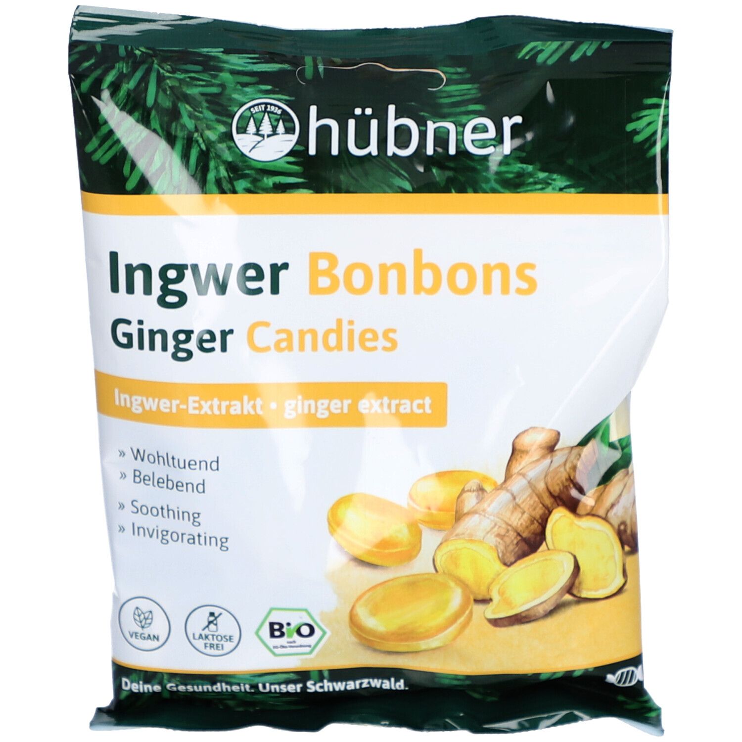 Sachet de bonbons au gingembre. Inscription : Ingwer Bonbons, Ginger Candies. Illustration de gingembre et de bonbons.