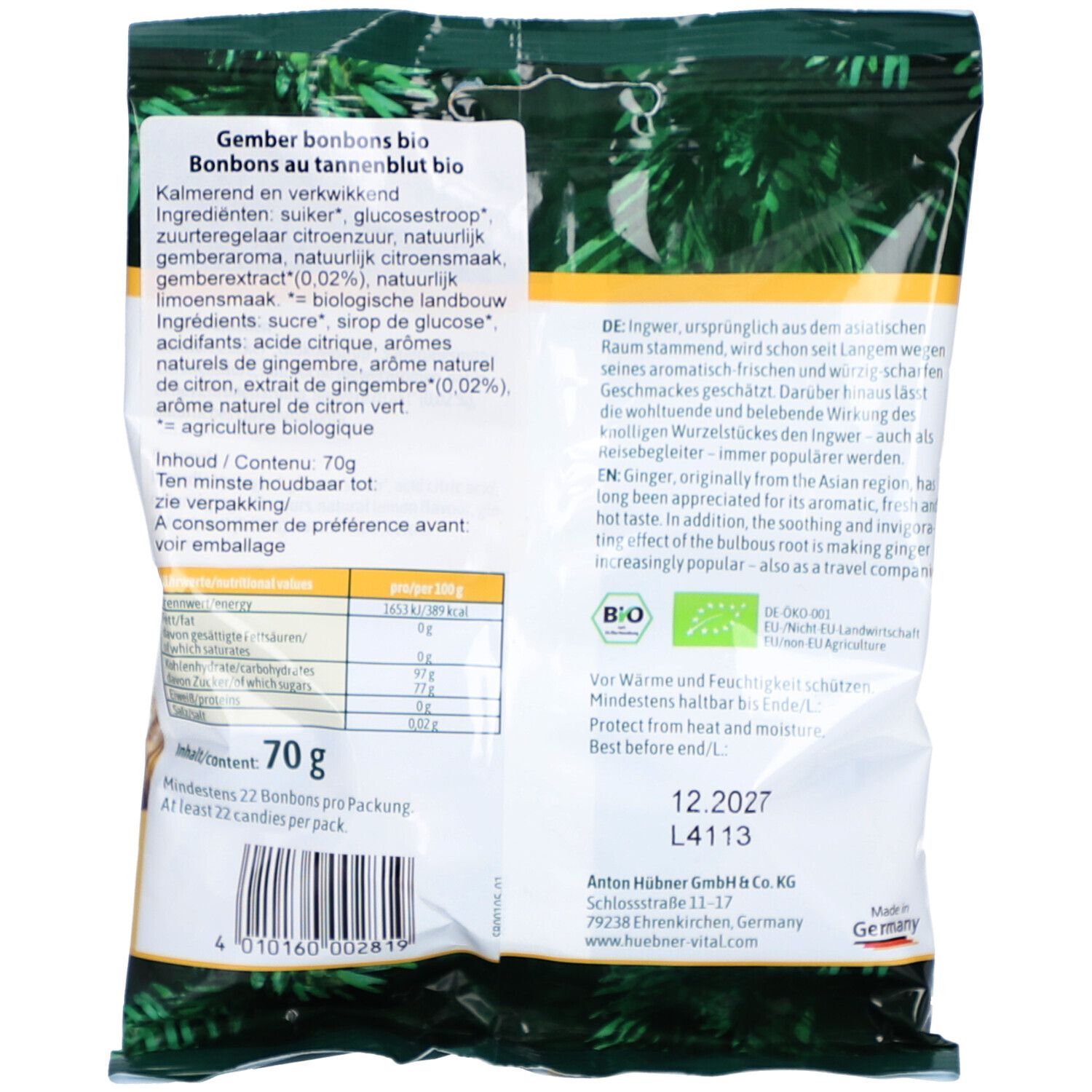 Dos du sachet de bonbons au gingembre. Texte avec ingrédients, informations nutritionnelles et date de péremption.