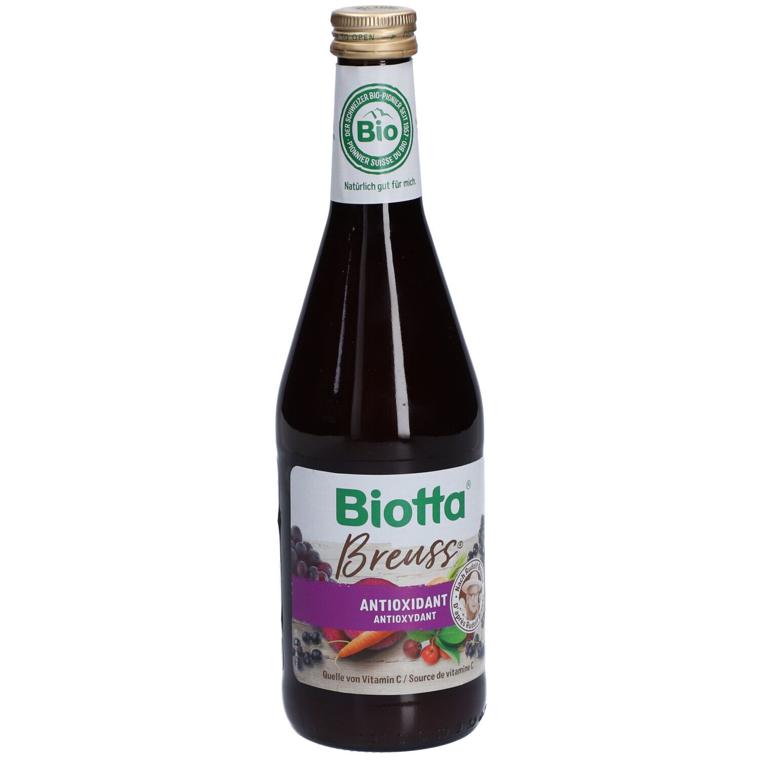 Bouteille en verre de jus foncé. Étiquette "Biotta Breuss Antioxidant". Label bio. Bouchon doré.