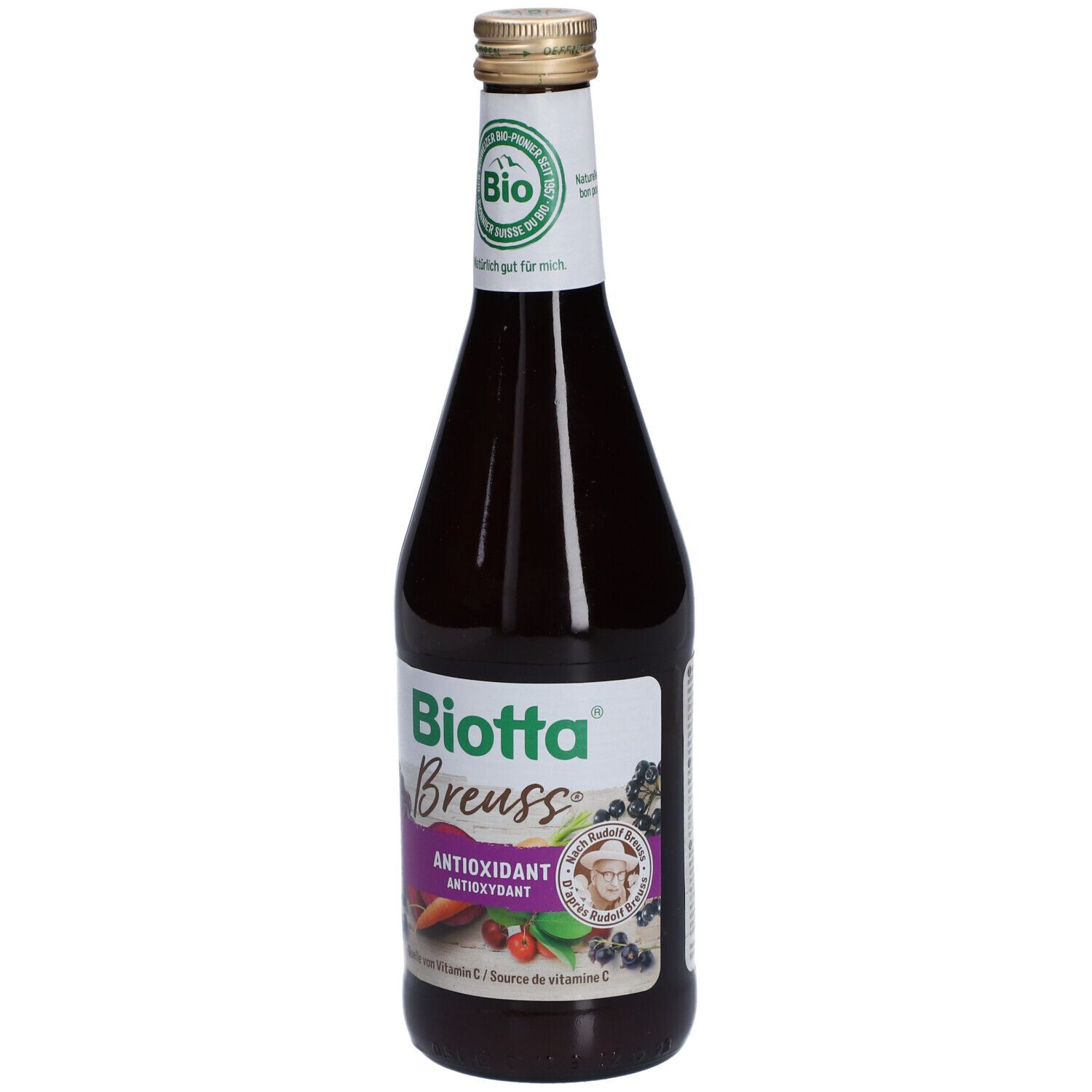 Bouteille en verre de jus foncé. Étiquette "Biotta Breuss Antioxidant". Label bio. Bouchon doré.