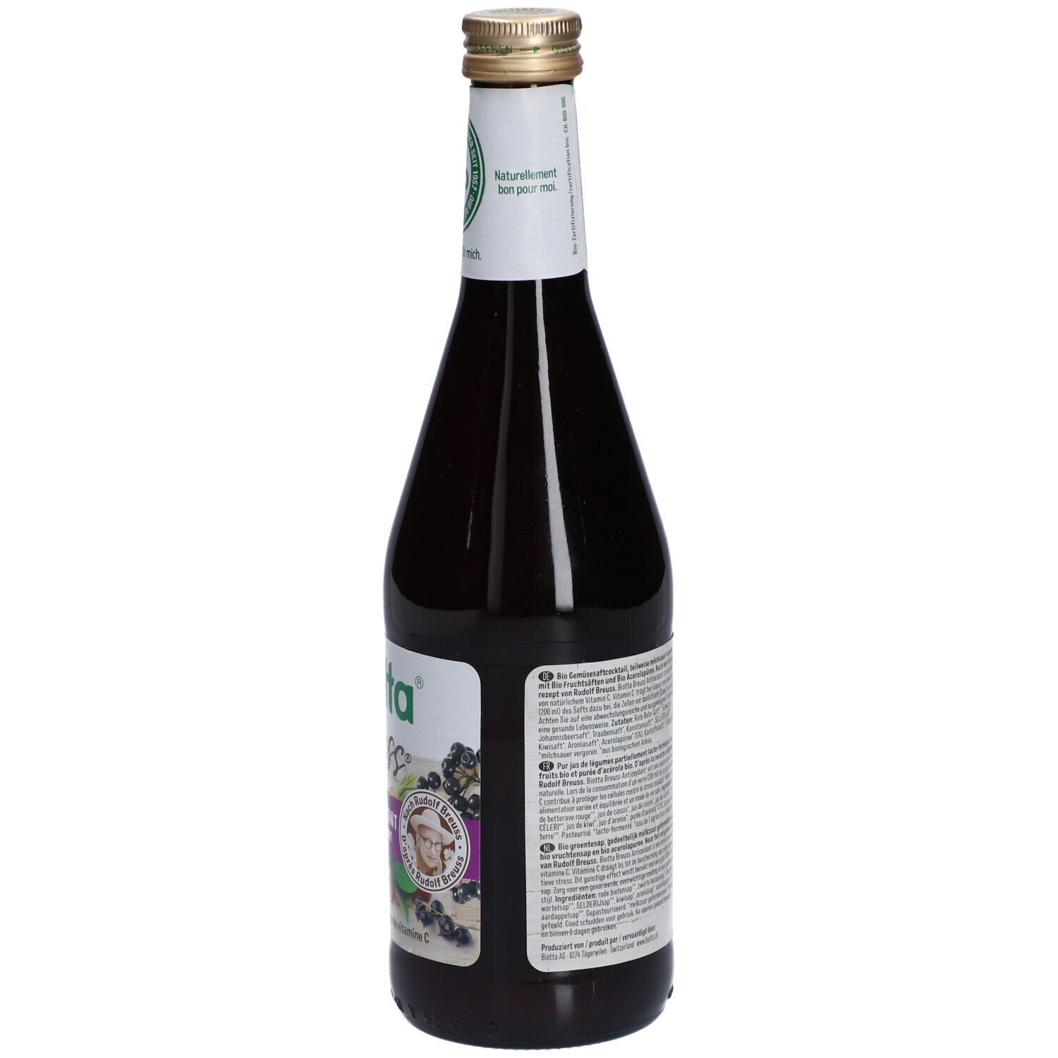 Dos d'une bouteille en verre de jus foncé. Étiquette avec texte, label bio et code-barres.