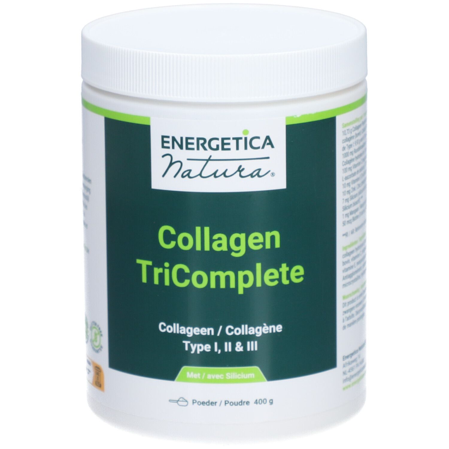 Pot blanc avec étiquette verte. Inscription: ENERGETICA Natura, Collagen TriComplete, Collagène Type I, II & III.