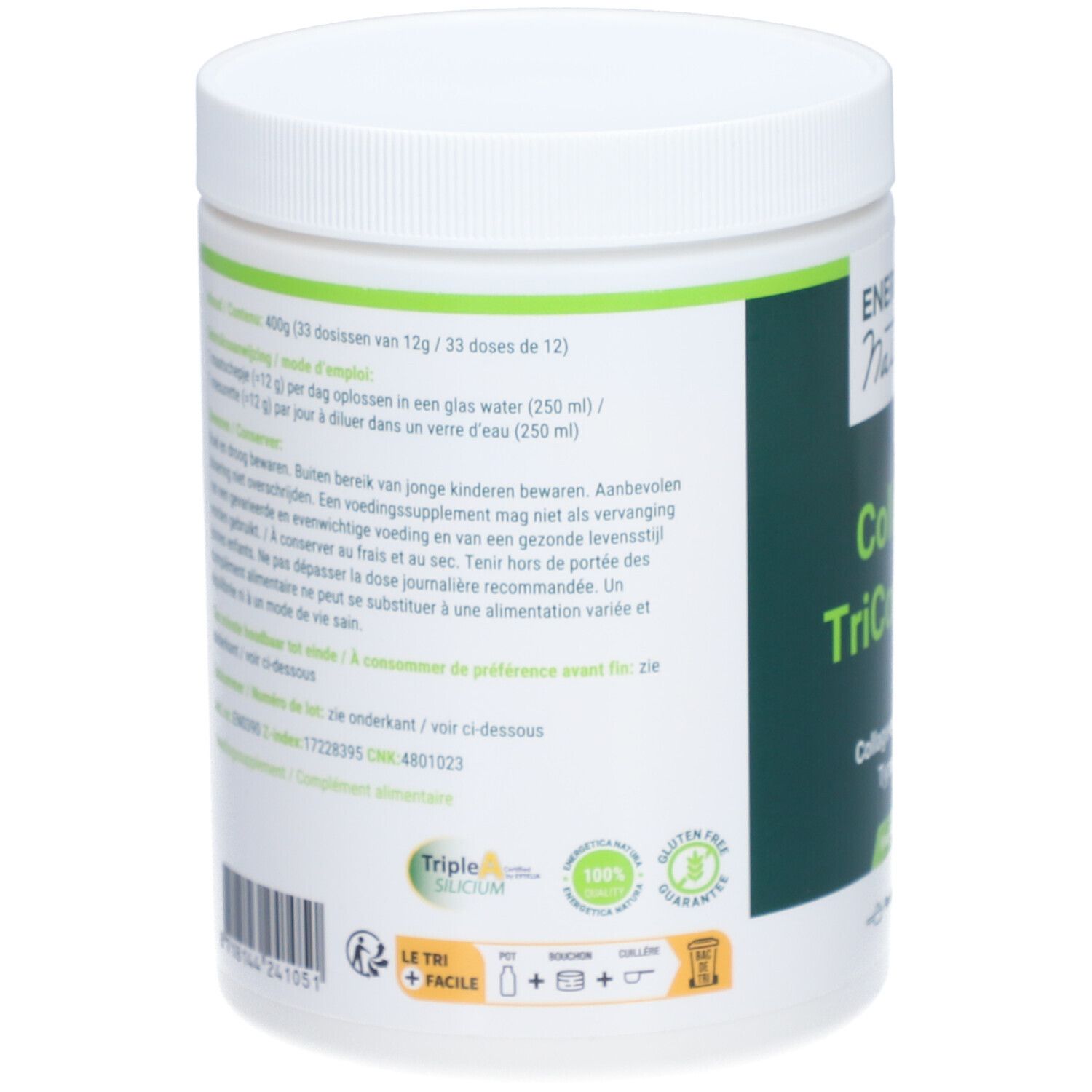Dos du pot de produit blanc. Informations textuelles en vert et blanc. Contient des informations sur l'utilisation et les ingrédients.