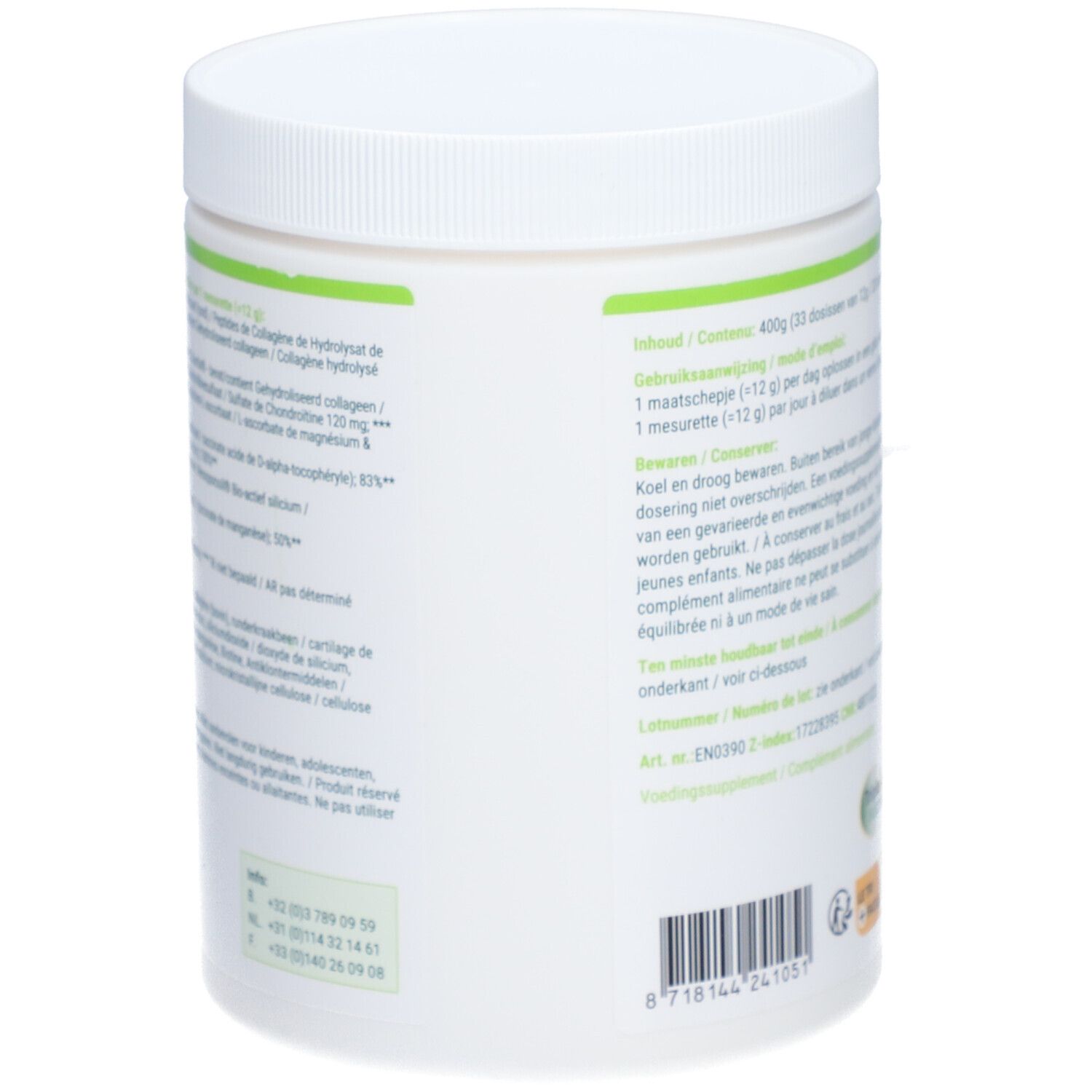 Dos du pot de produit blanc. Informations textuelles en vert et blanc. Contient des informations sur les ingrédients et le fabricant.