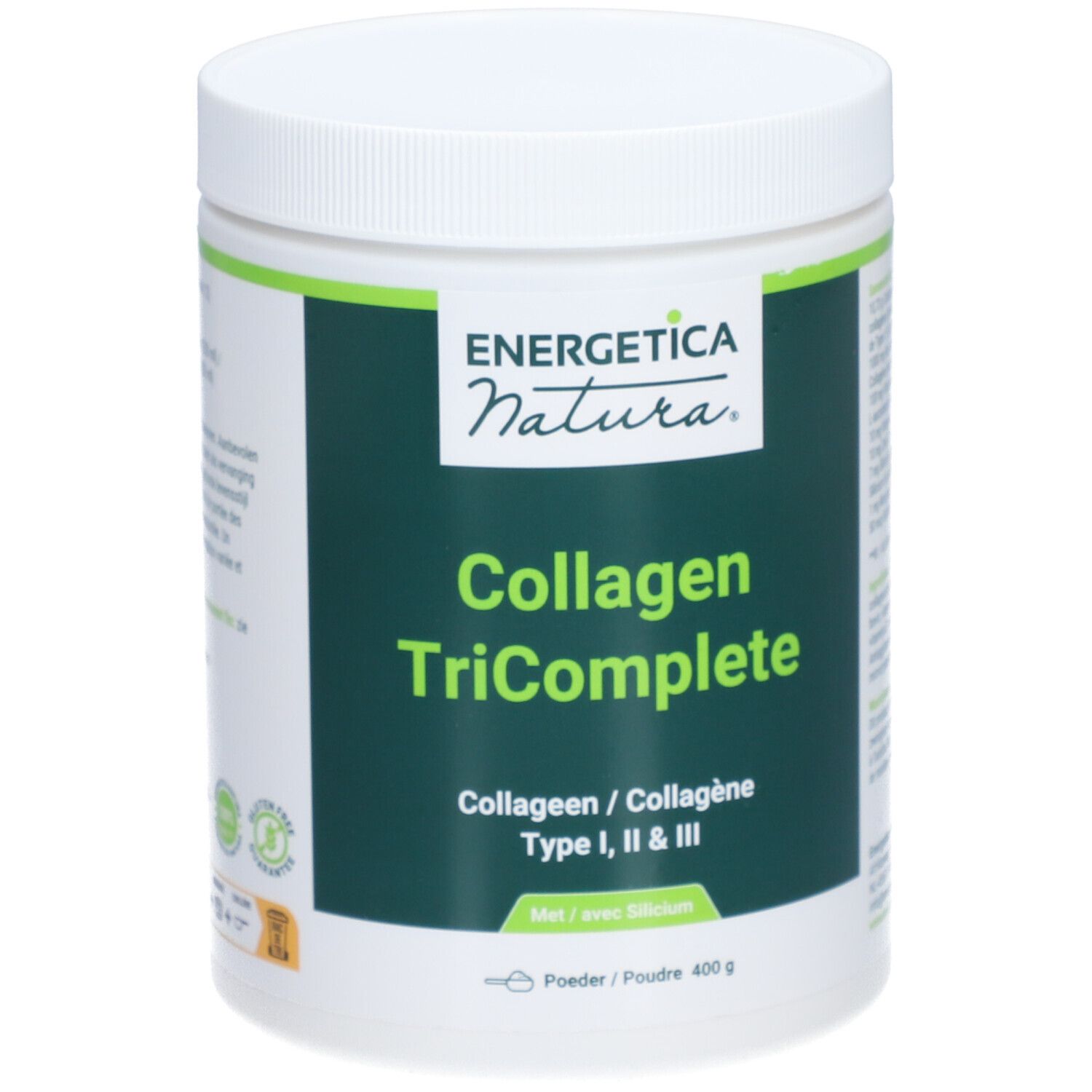 Pot blanc avec étiquette verte. Inscription: ENERGETICA Natura, Collagen TriComplete, Collagène Type I, II & III.