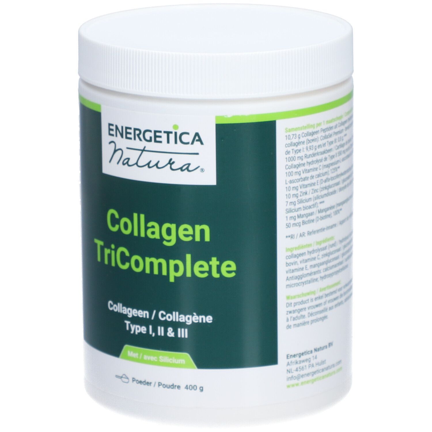Pot blanc avec étiquette verte. Inscription: ENERGETICA Natura, Collagen TriComplete, Collagène Type I, II & III. Ingrédients.