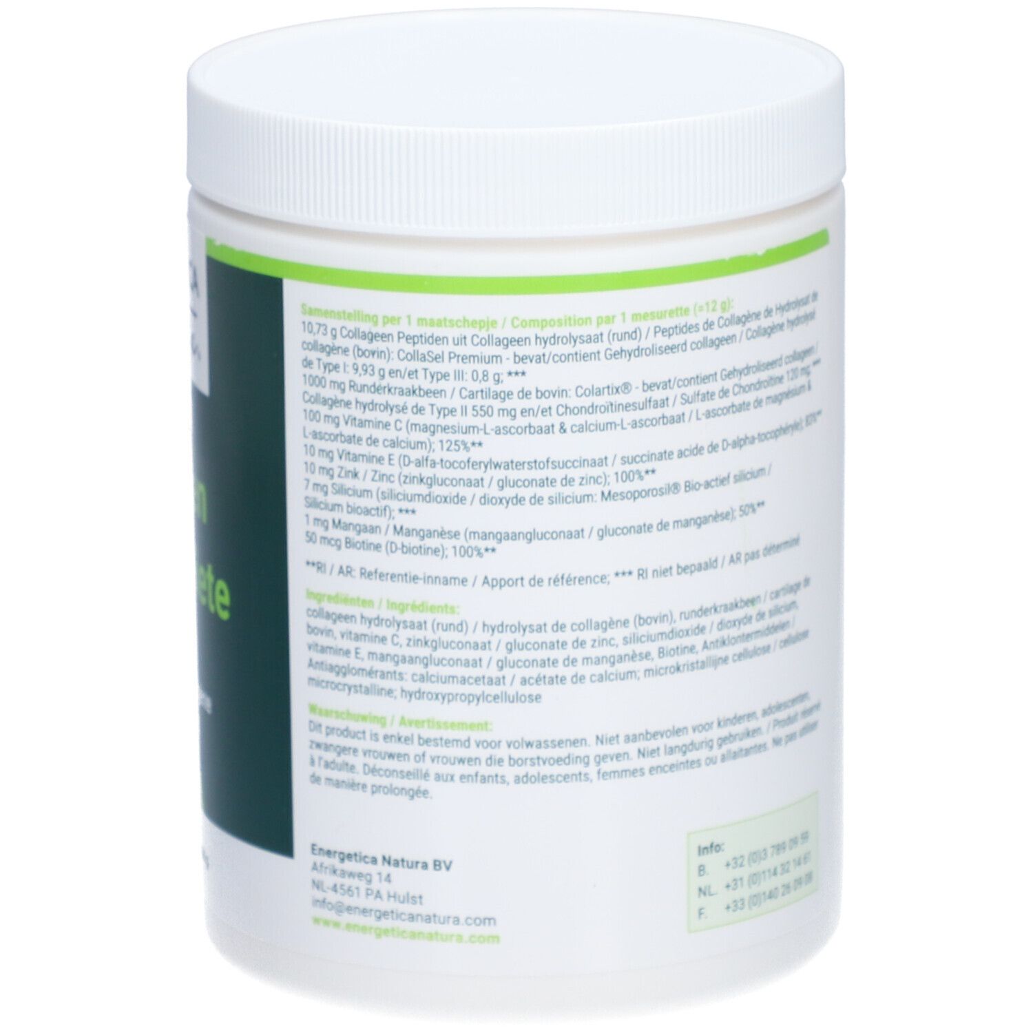 Dos du pot de produit blanc. Informations textuelles en vert et blanc. Contient des informations sur les ingrédients et le fabricant.