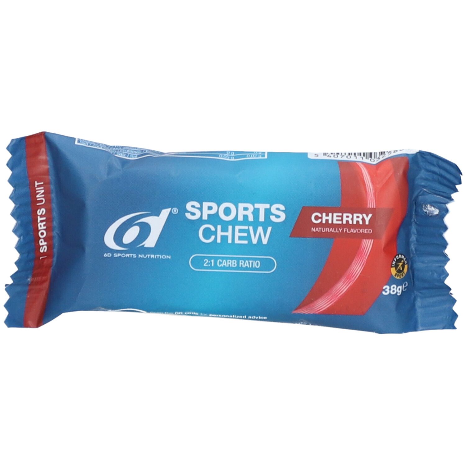 Blau-rote Verpackung mit "Sports Chew"-Schriftzug. "Cherry" und "2:1 Carb Ratio" sind ebenfalls sichtbar. 38g.