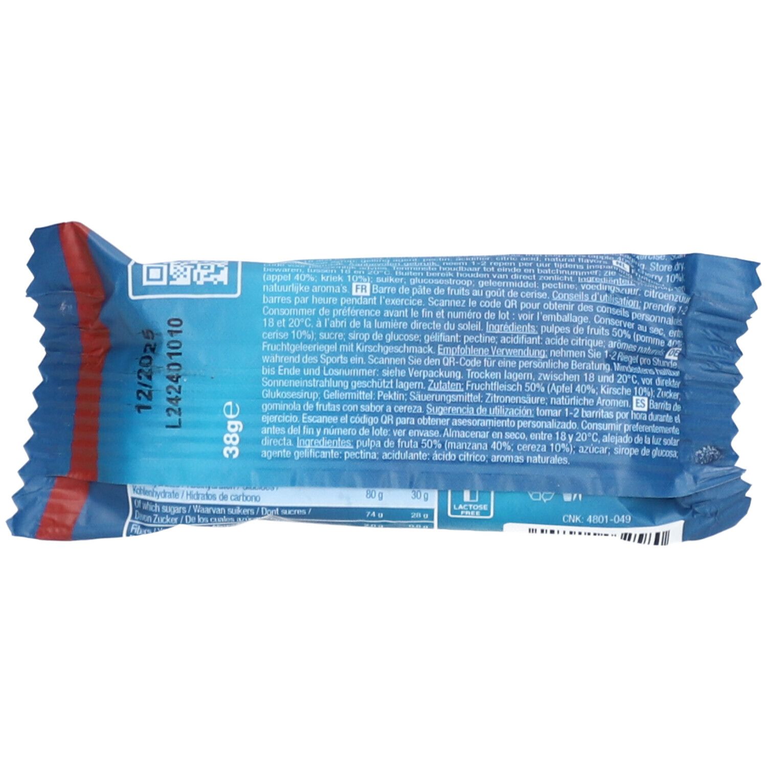 Rückseite der Verpackung mit Text und QR-Code. Enthält Informationen und das Mindesthaltbarkeitsdatum.