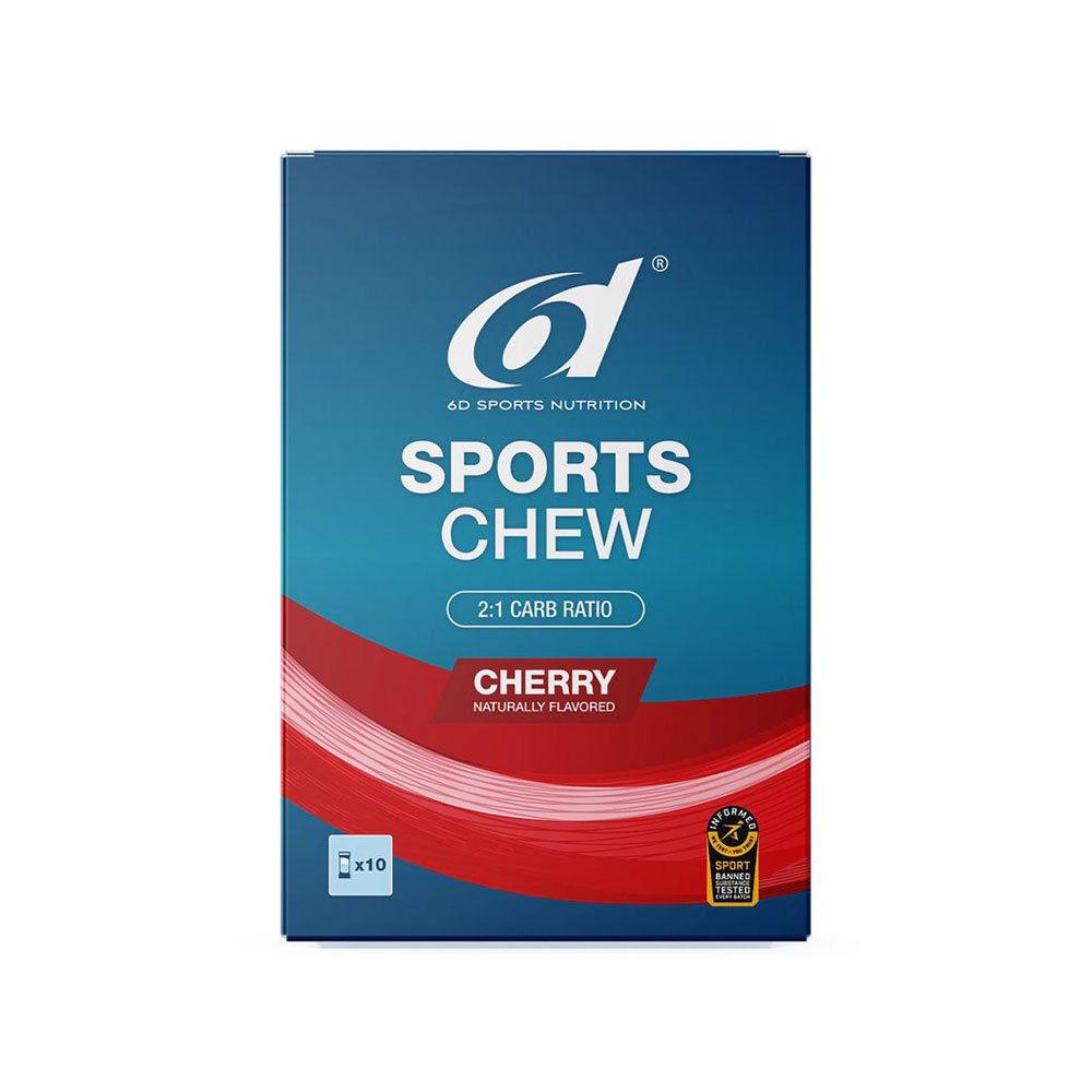 Boîte bleu et rouge "6d SPORTS CHEW". Goût cerise, 2:1 Carb Ratio. x10. Sceau.