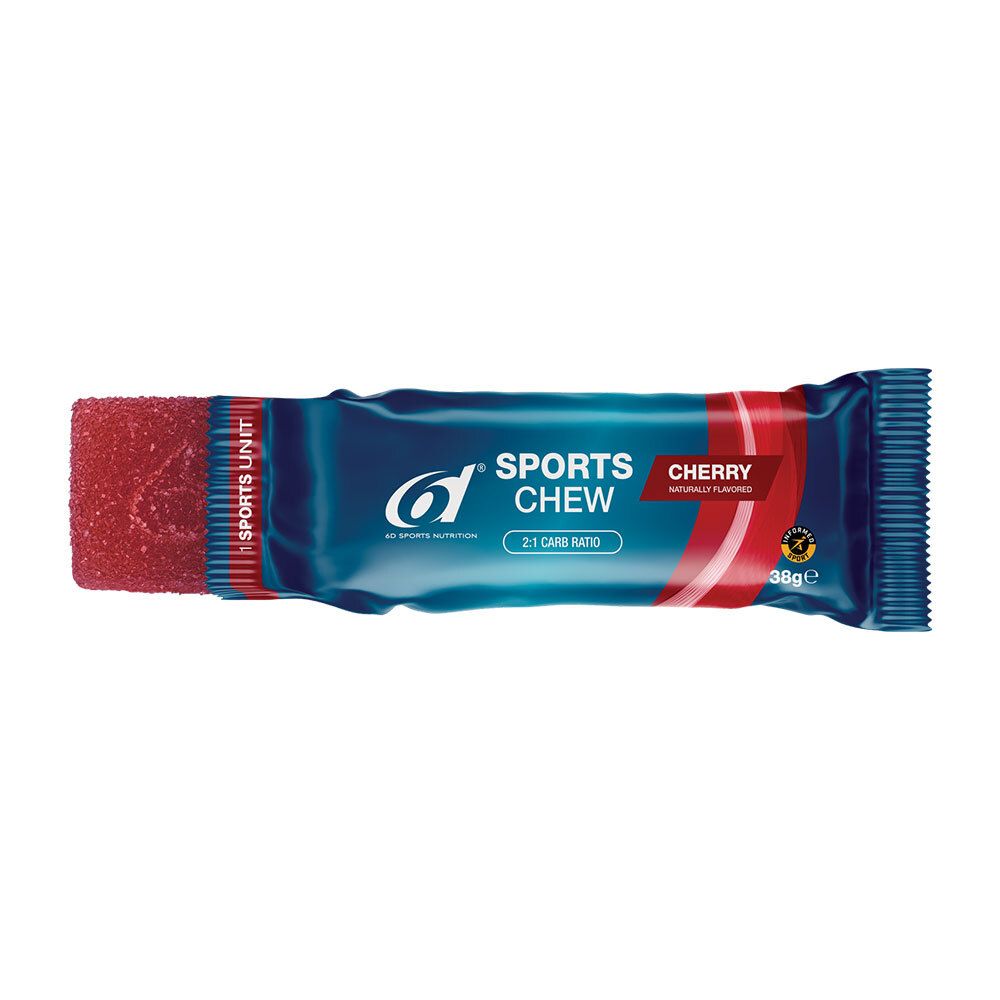 Barre Sport-Chew individuelle en sachet bleu. Goût cerise. "6d SPORTS CHEW", 2:1 Carb Ratio. 38g.