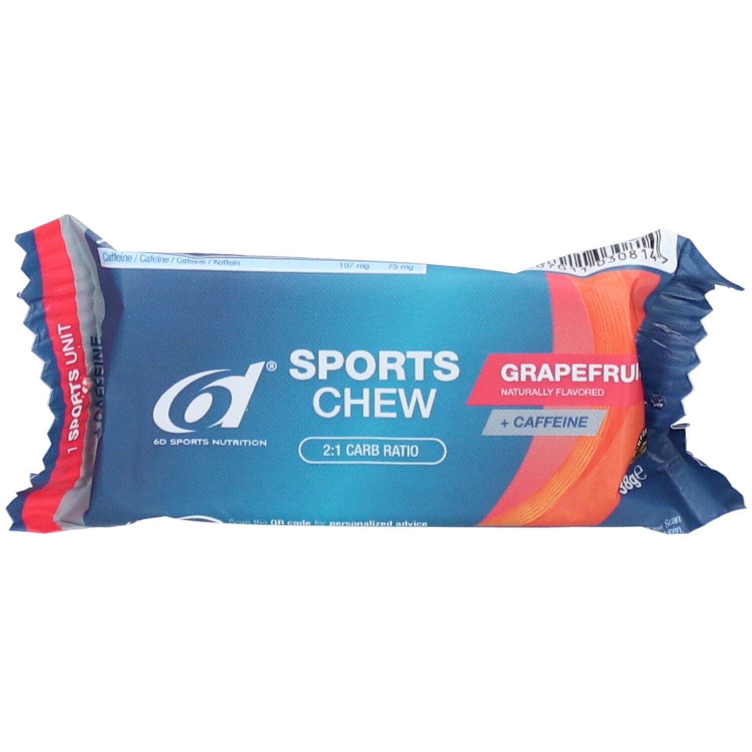 Emballage bleu et rouge. Texte: SPORTS CHEW, Grapefruit + Caffeine, 2:1 Carb Ratio. Logo 6D Sports Nutrition.