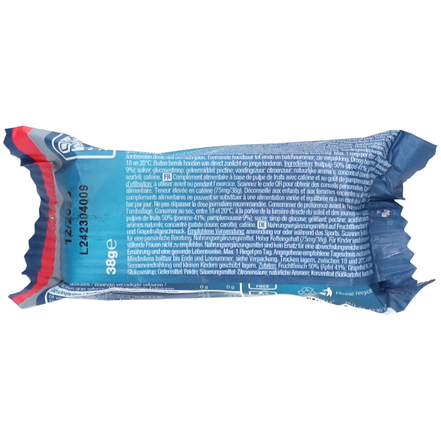 Dos de l'emballage. Emballage bleu avec texte et code-barres. 38g. Texte multilingue.