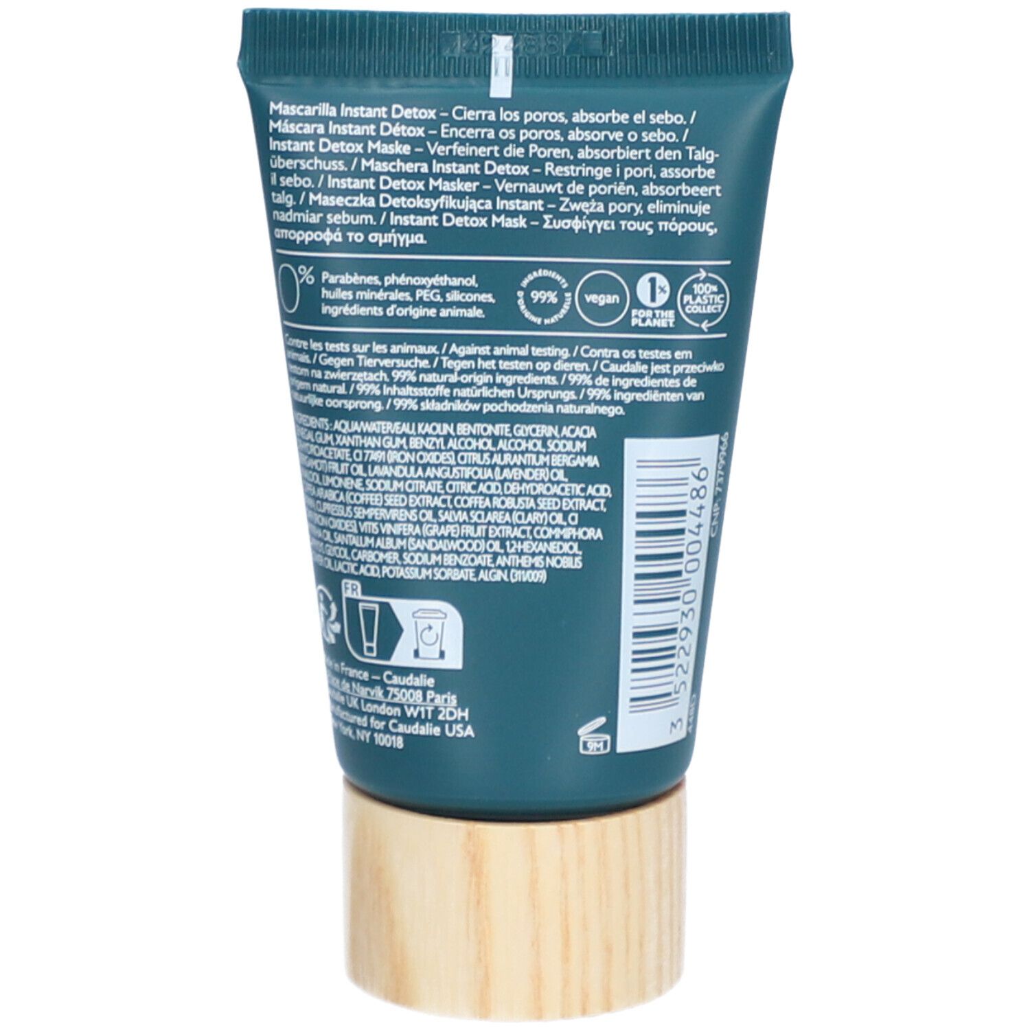 Rückseite der Caudalie Masque Instant Détox Tube. Mehrsprachiger Text, Inhaltsstoffe, Zertifizierungen.