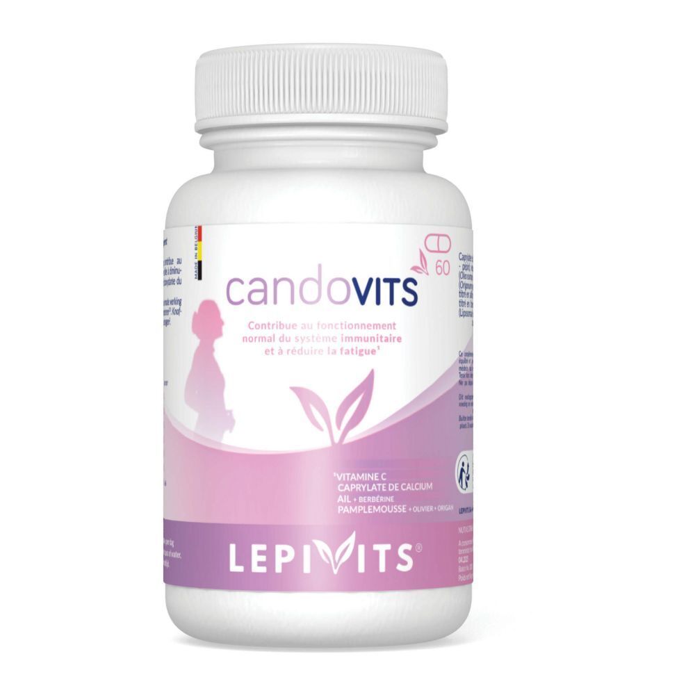 Witte fles "candoVits" met 60 capsules. Zwangere vrouw logo. Opschrift "LEPIVITS". Ingrediënten: Vitamine C, knoflook, grapefruit.