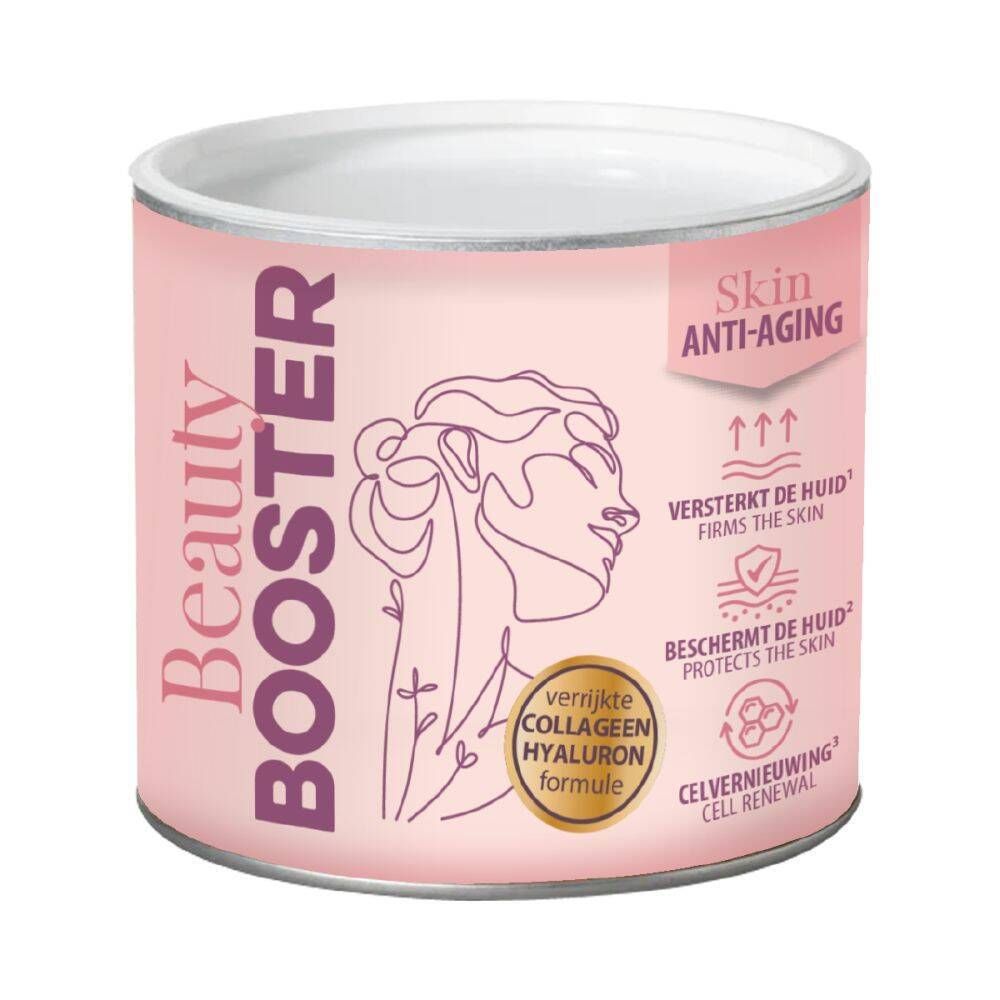Boîte rose "Beauty Booster" et "Skin Anti-Aging". Illustration de visage et texte. Contient "verrijkte collageen hyaluron formule".