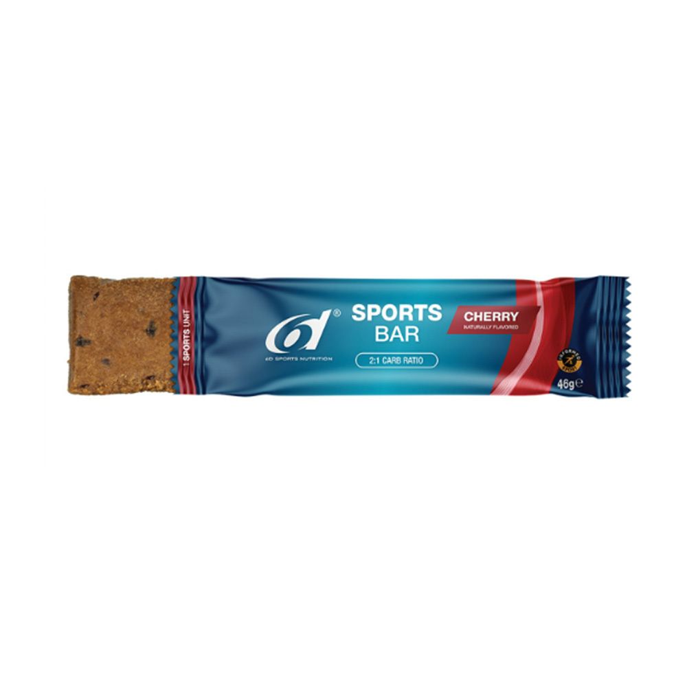6D Sports Nutrition Sportriegel, Kirsche. Riegel in blauer Verpackung. Sichtbar: Logo, Schriftzug, Kirsche, 46g.
