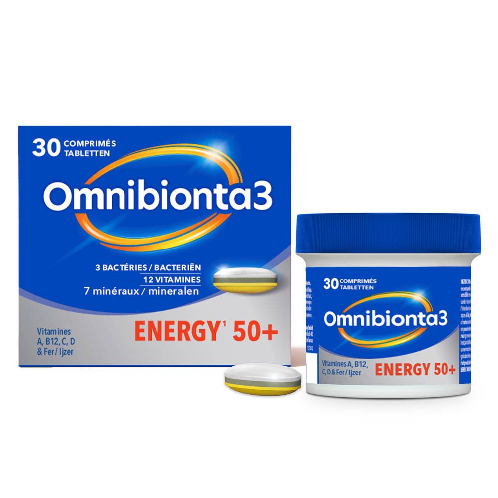 Boîte de comprimés et comprimé. Inscription: Omnibionta3 Energy 50+. 30 comprimés.