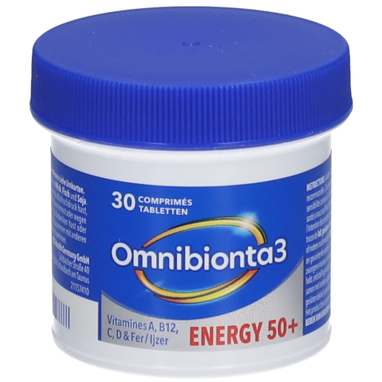 Flacon blanc, bouchon bleu. Inscription: Omnibionta3 Energy 50+. 30 comprimés.