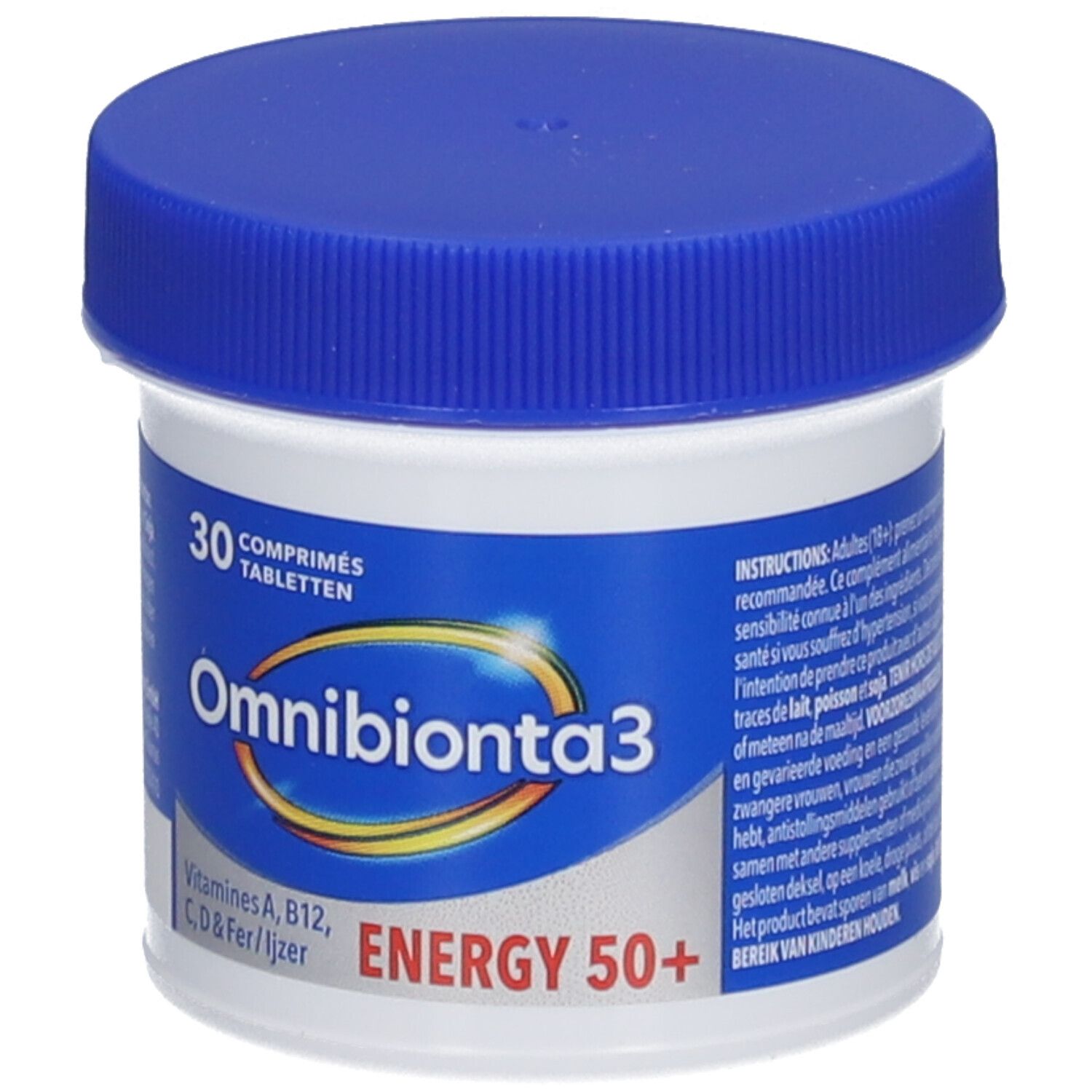 Flacon de comprimés avec bouchon bleu. Inscription: Omnibionta3 Energy 50+. 30 comprimés.